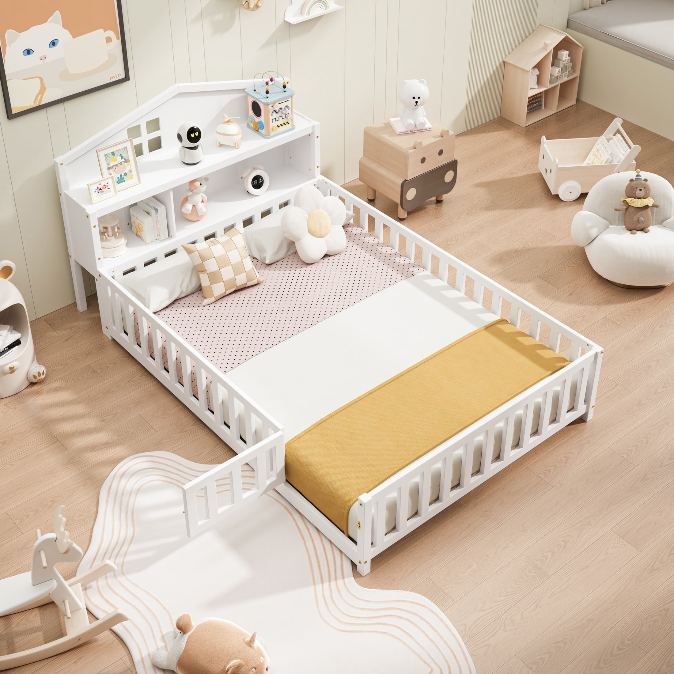 Noble House Tonya Full Montessori Floor Bed, Storage Headboard Bookcase & Chalkboard, Versatile Platform Beds, White