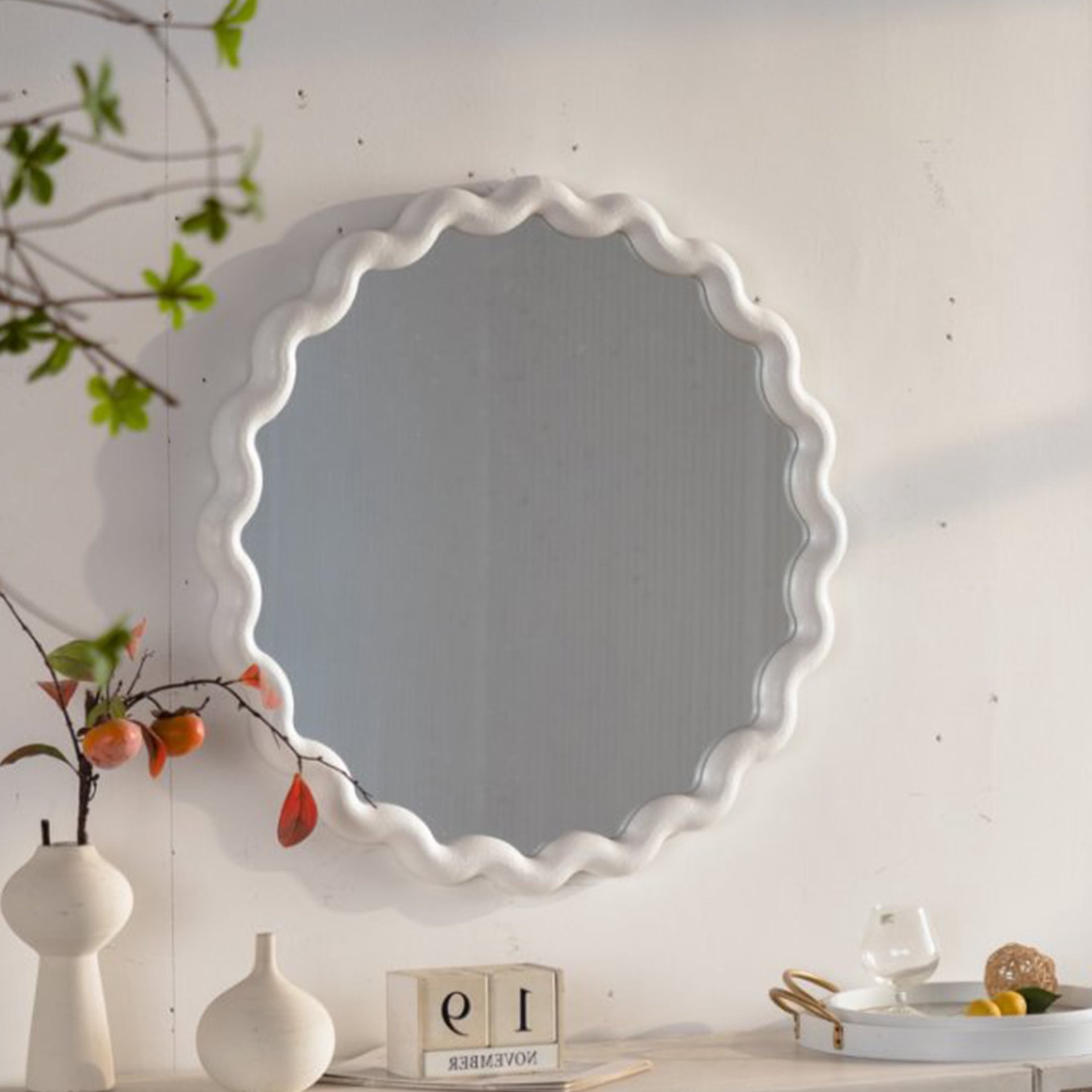 Noble House Tormere Scalloped Round Wall Mirror, Modern Wavy Frame for Playful Minimalist Decor, Cream White