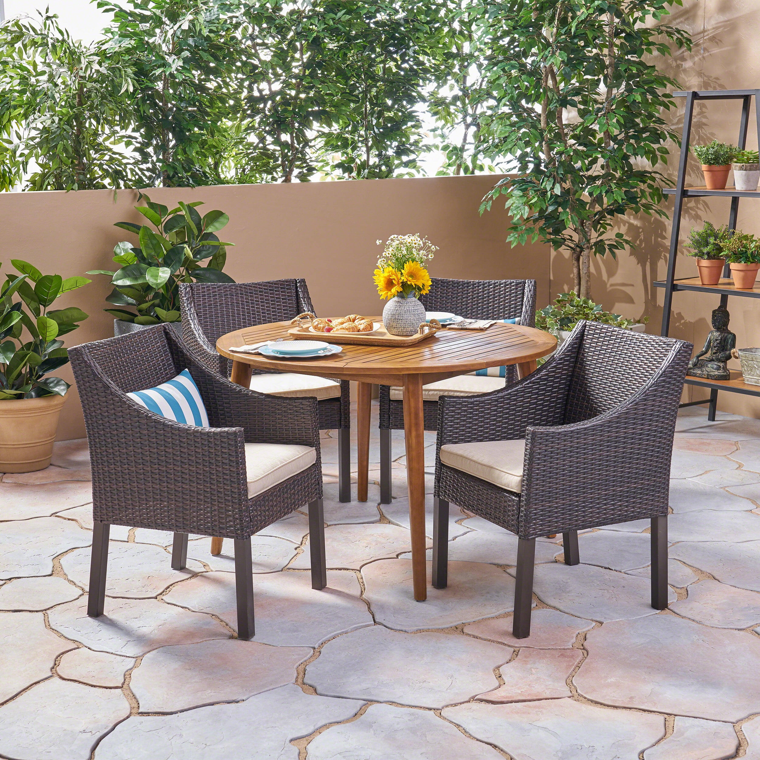 Noble House Torrence 5 Piece Wooden Round Patio Dining Set in Teak