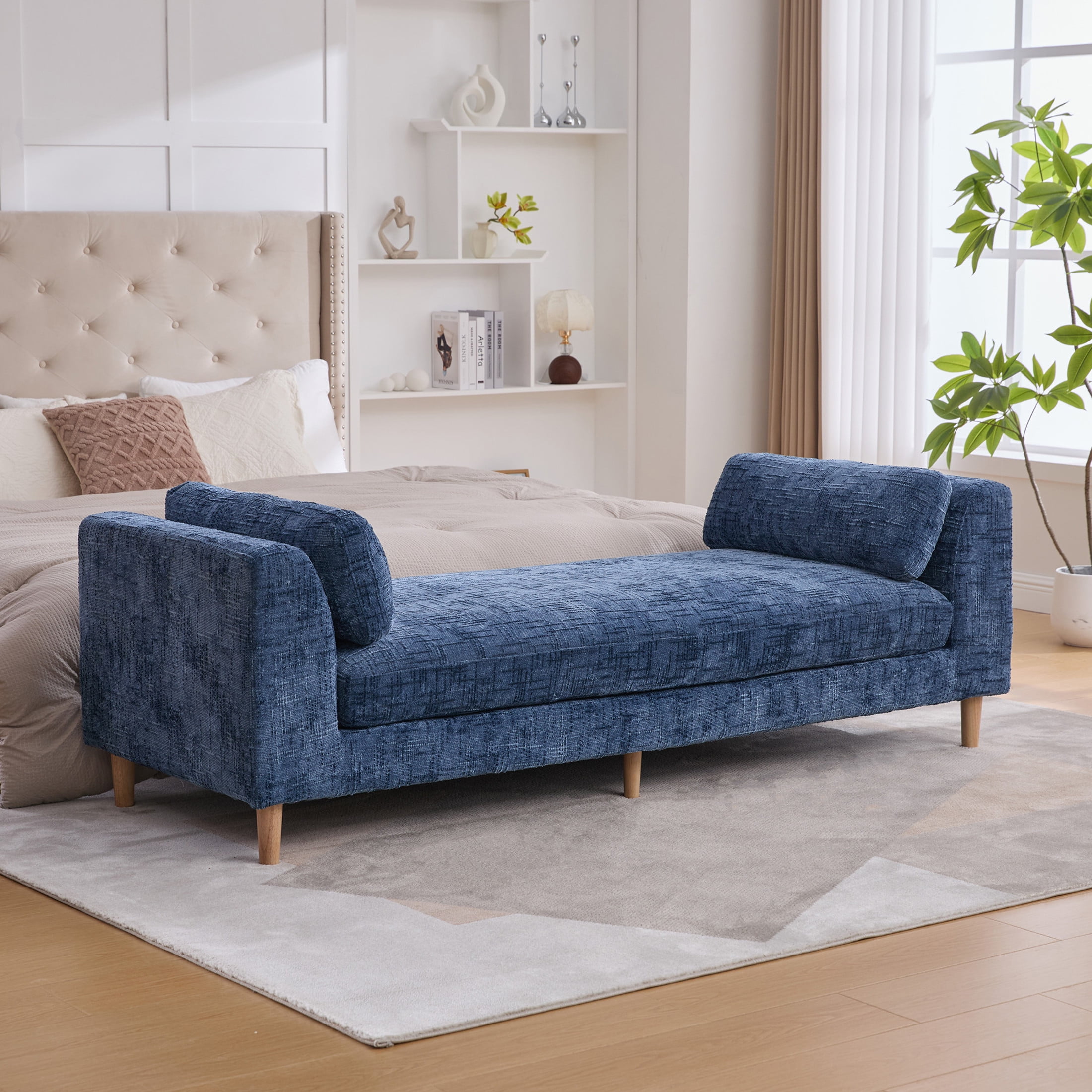 Noble House Torvane 83.1" Chenille Bed End Bench, Modern Chaise Lounge with Bolster Pillows and Wood Legs, Blue