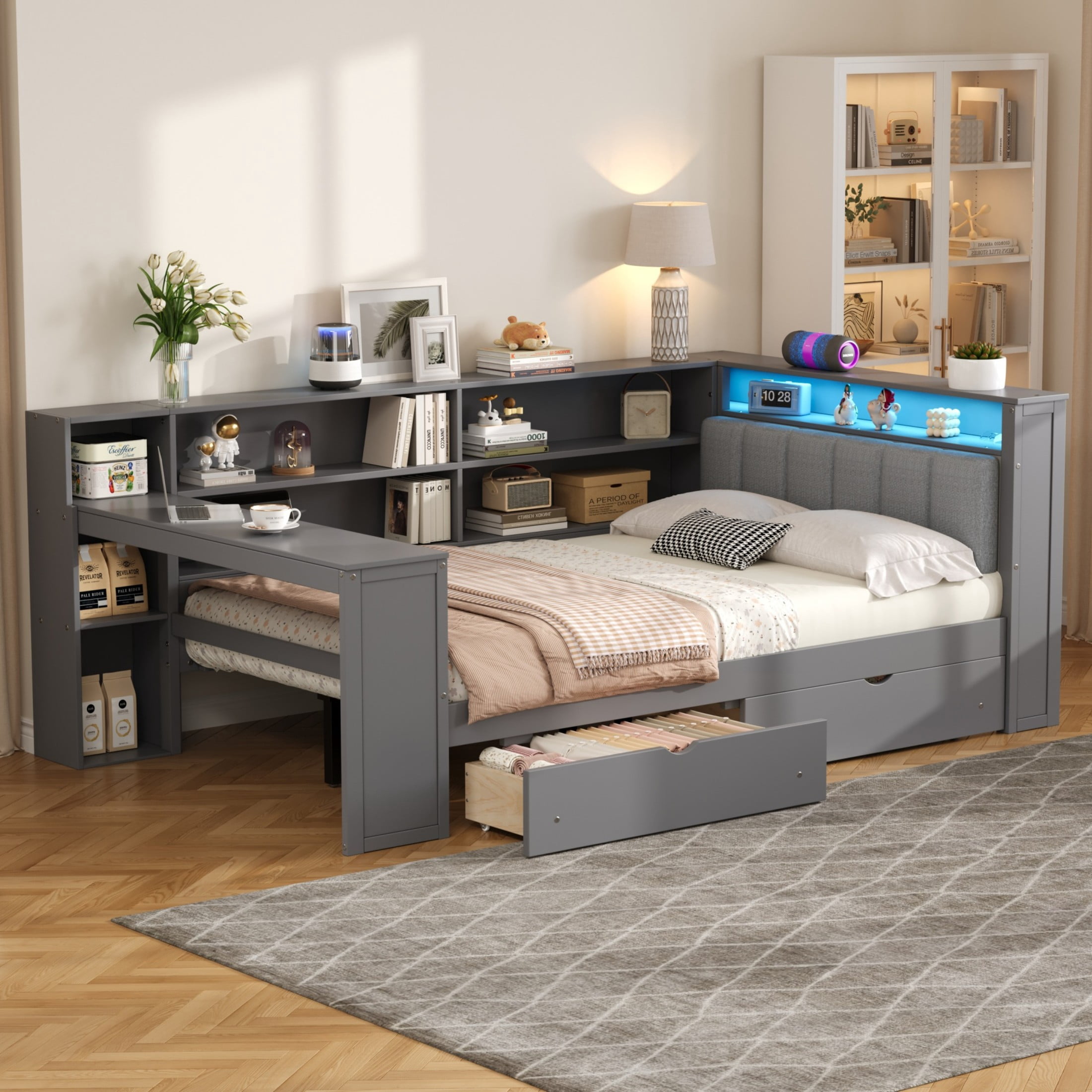 Noble House Tove Full Upholstered Platform Bed with Desk, 8 Storage Shelves, Charging Station & LED Lights, Gray