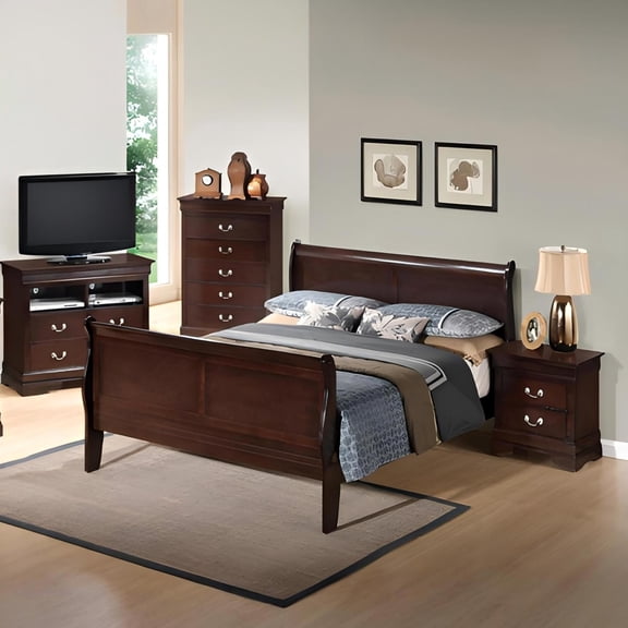 Noble House Traditional Wood Sleigh Queen Bed Frame with Classic Curved Design, Cappuccino Finish