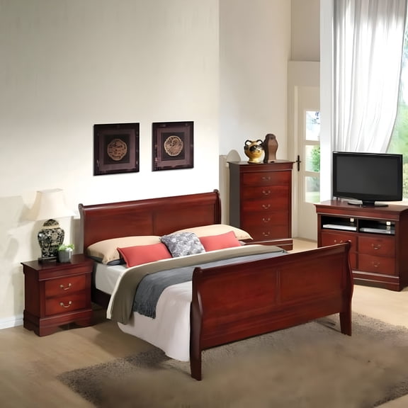 Noble House Traditional Wood Sleigh Twin Bed with Classic Curved Design, Cherry Finish