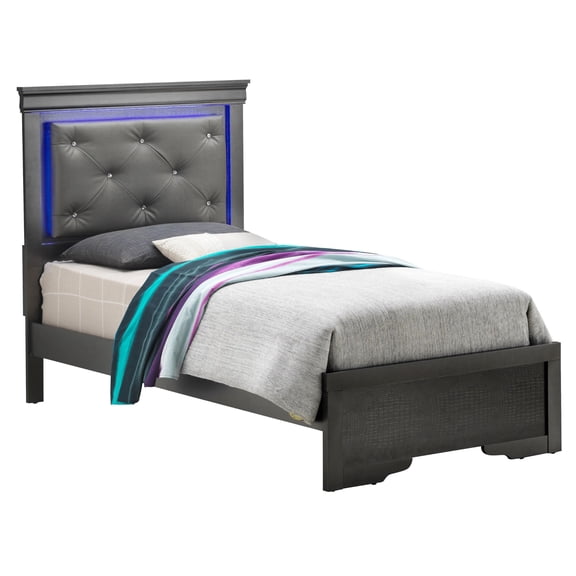 Noble House Transitional Twin Bed with LED Headboard, Jeweled Tufted Leather, Metallic Black