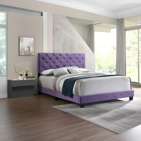 Noble House Queen Upholstered Bed with Velvet and Tufted Headboard, Purple