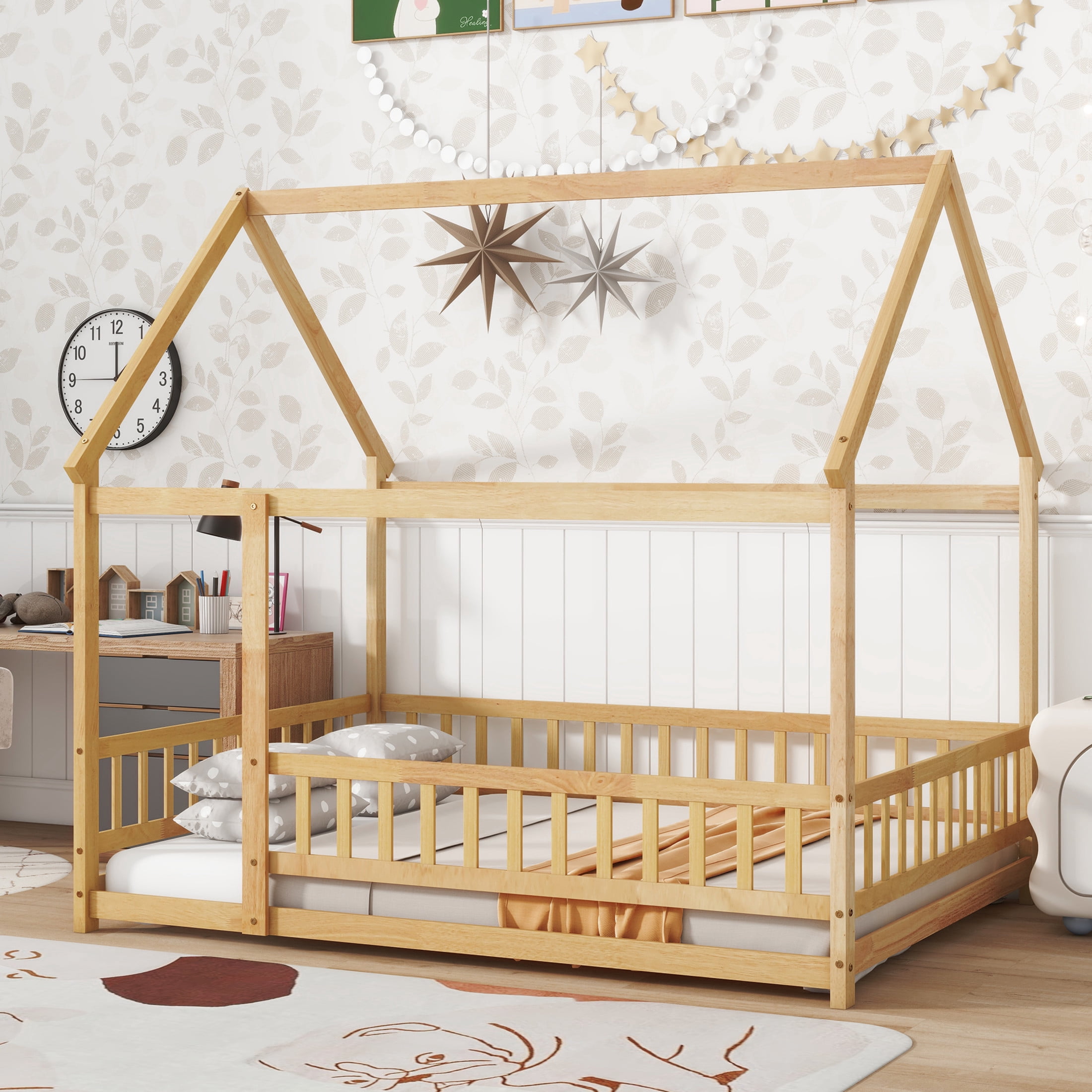 Noble House Travis Full House Floor Bed with Roof Frame and Safety Fence, Sturdy Wood Montessori Bed, Natural