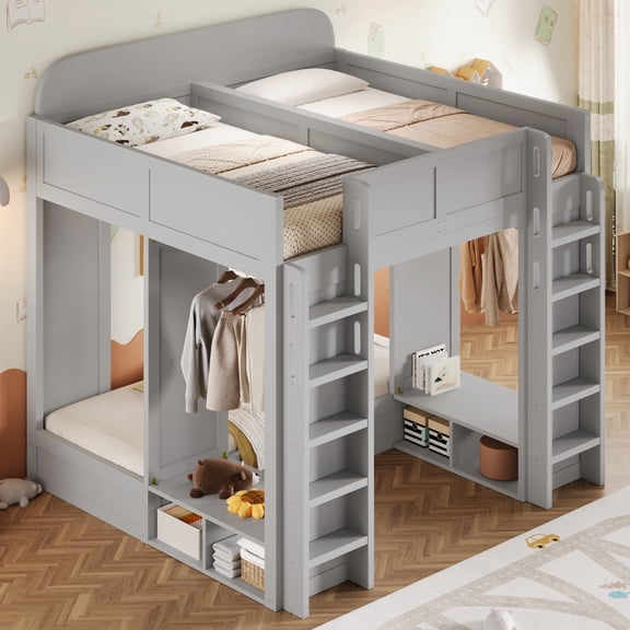 Noble House Triple Bunk Bed, Twin + Twin over Twin XL Loft Bed with Storage Shelves and Hooks, Space Saving, Gray