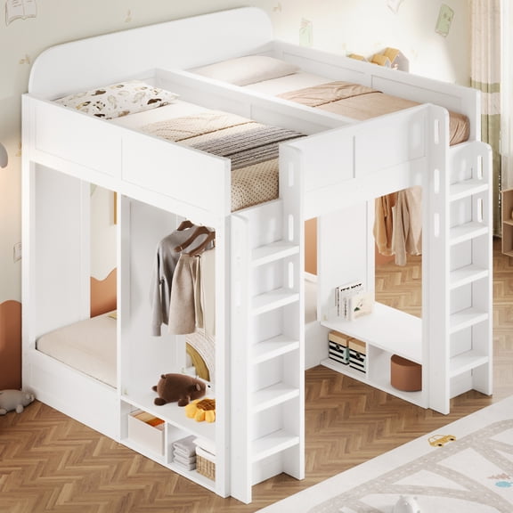 Noble House Triple Bunk Bed, Twin + Twin over Twin XL Loft Bed with Storage Shelves and Hooks, Space Saving, White