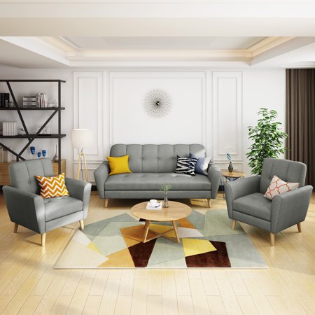 Noble House Triton Fabric Tufted Sofa Chat Set, Gray
