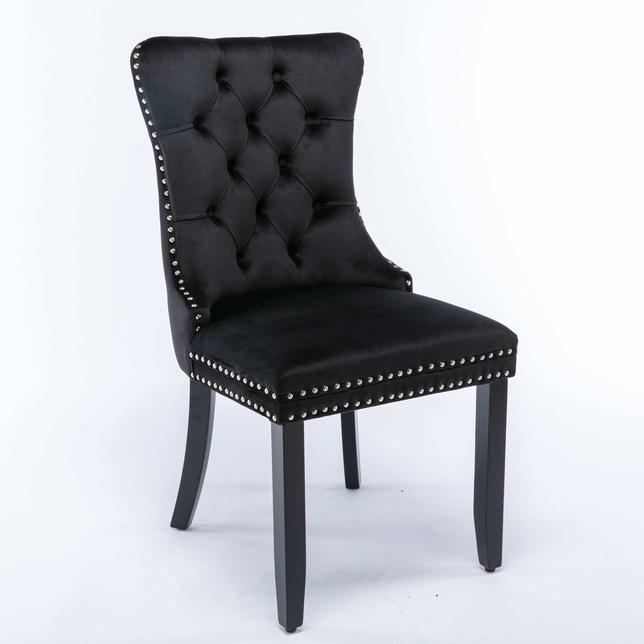 Noble House Tufted Velvet Dining Chair, Nailhead Trim, Solid Wood Legs, Black