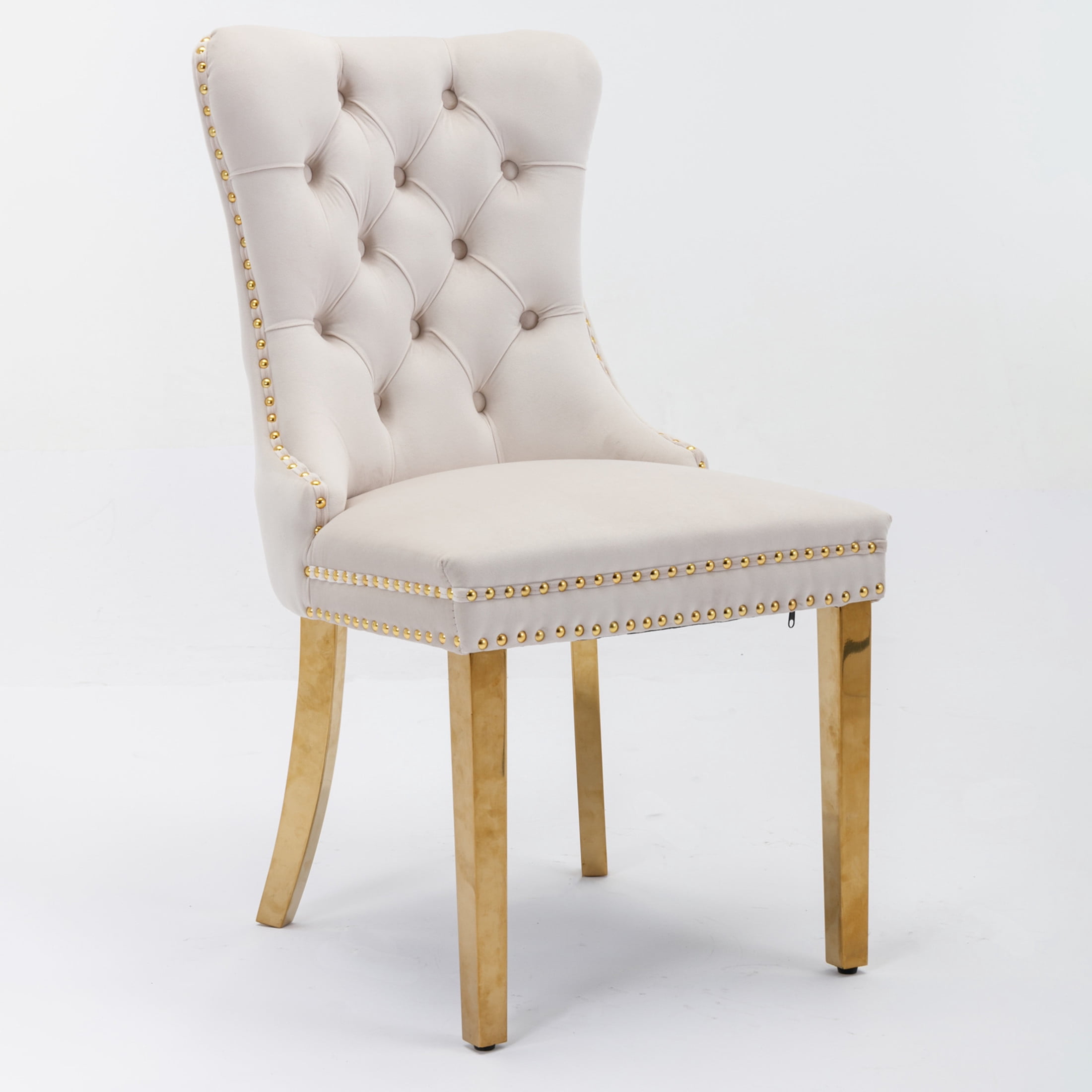 Noble House Tufted Velvet Dining Chair, Nailhead Trim, Stainless Steel Legs, Beige + Gold
