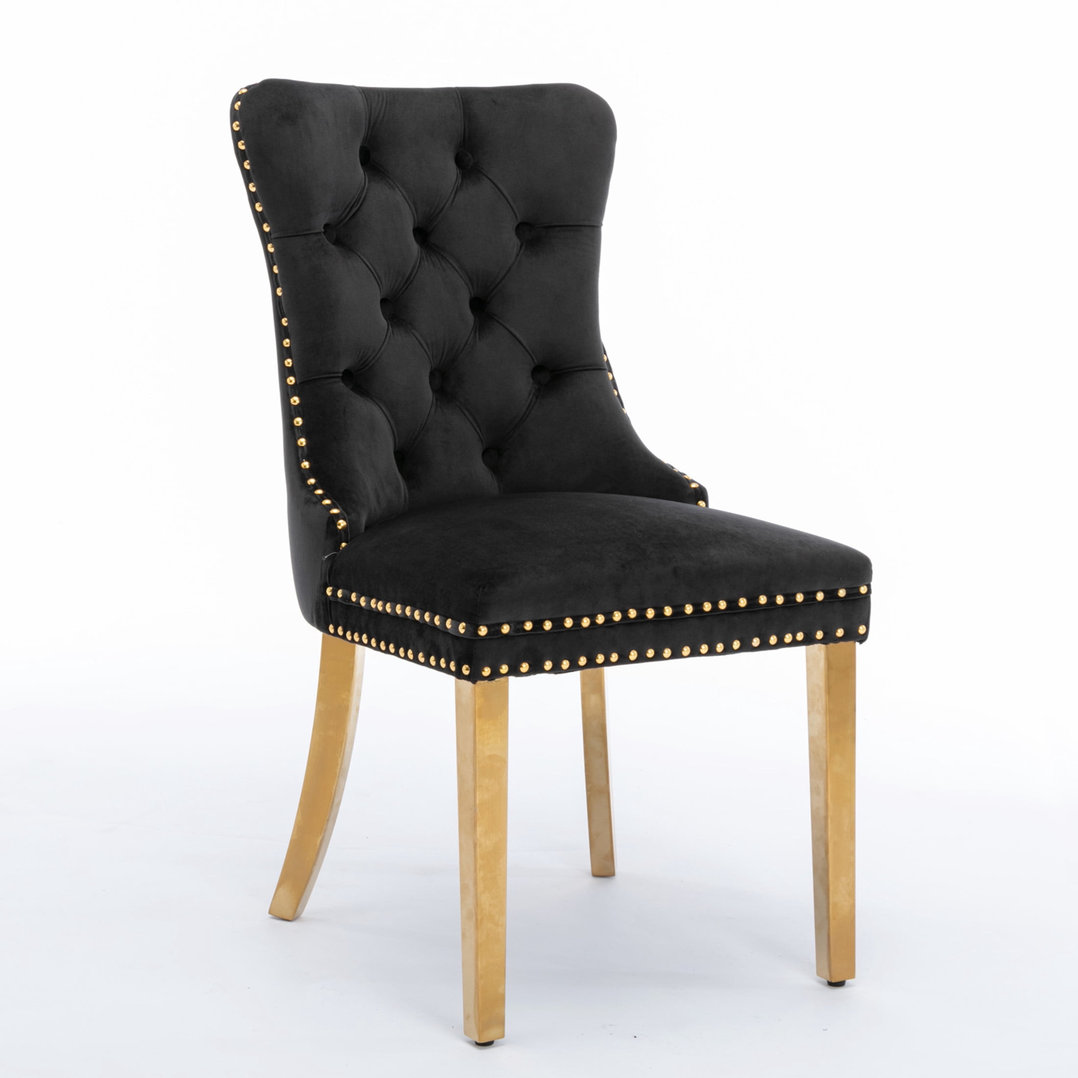 Noble House Tufted Velvet Dining Chair, Nailhead Trim, Stainless Steel Legs, Black + Gold