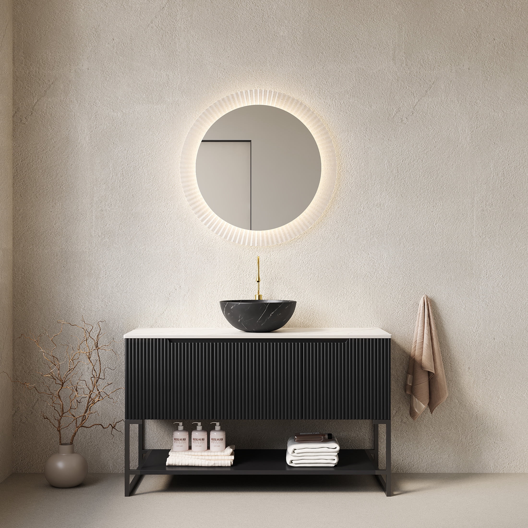 Noble House Tulio 48" Freestanding Bathroom Vanity with Sintered Stone Countertop, Black Bowl Ceramic Basin, Black