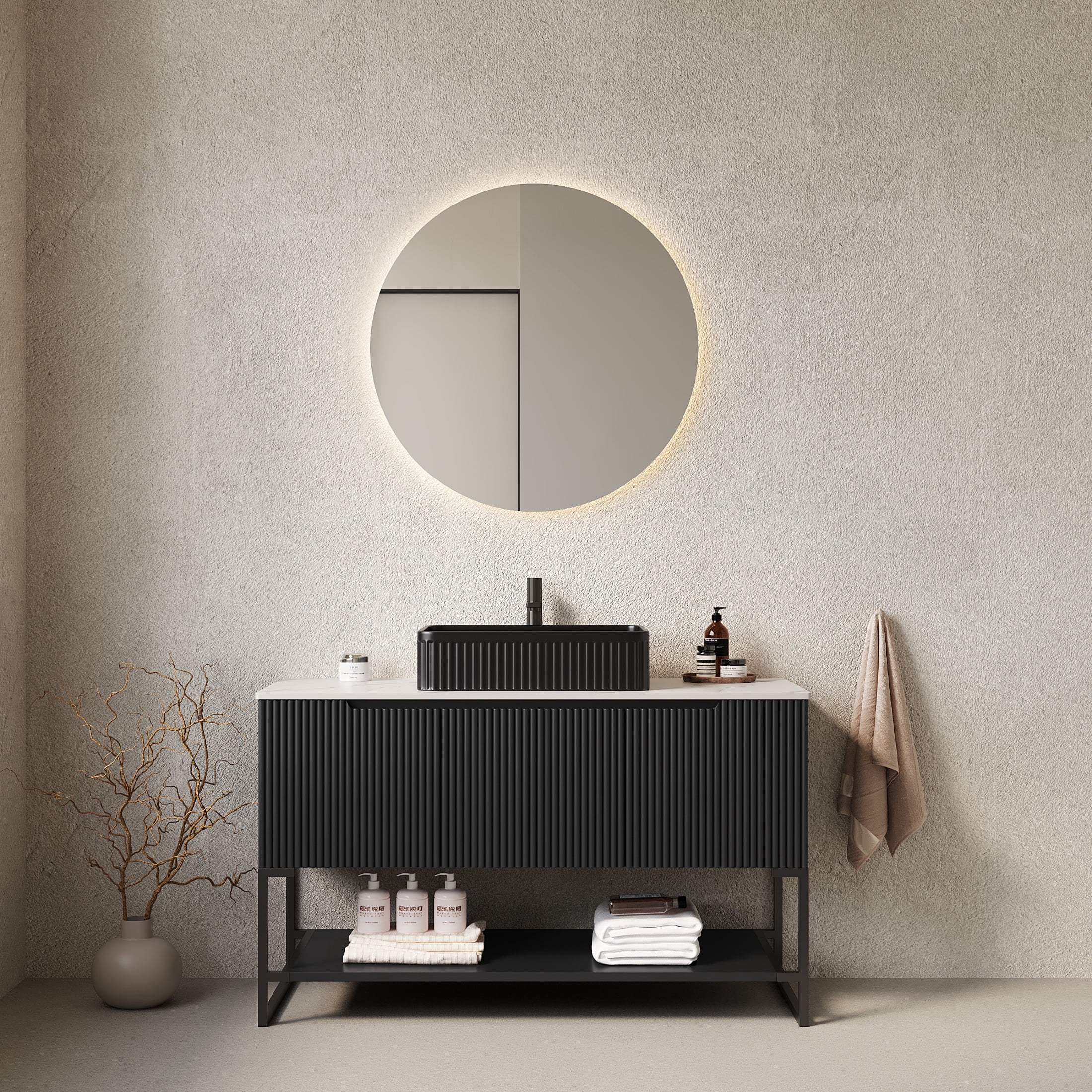 Noble House Tulio 48" Freestanding Bathroom Vanity with Sintered Stone Countertop, Black Rectangle Ceramic Basin, Black