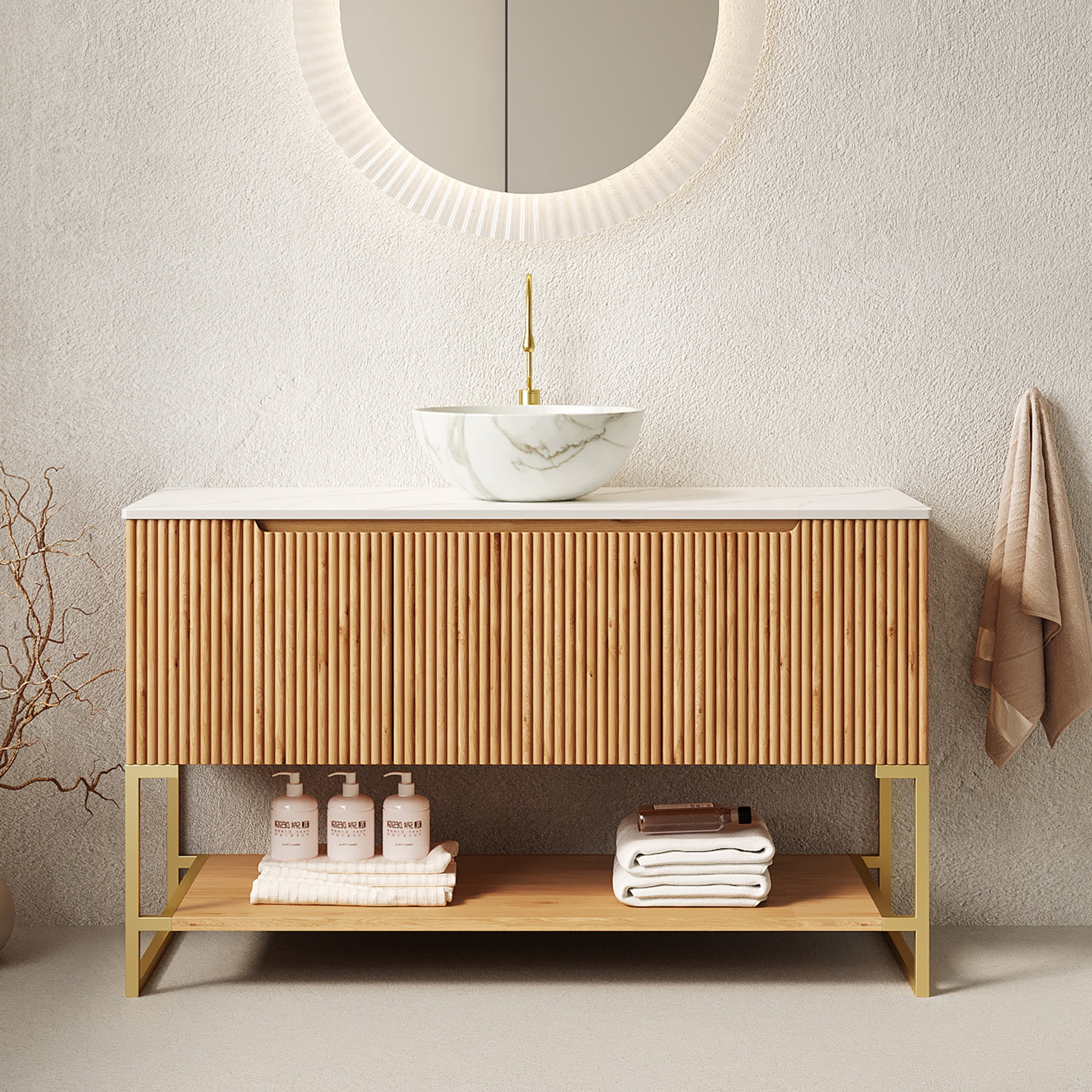 Noble House Tulio 48" Freestanding Bathroom Vanity with Sintered Stone Countertop, Stone Bowl Ceramic Basin, Oak