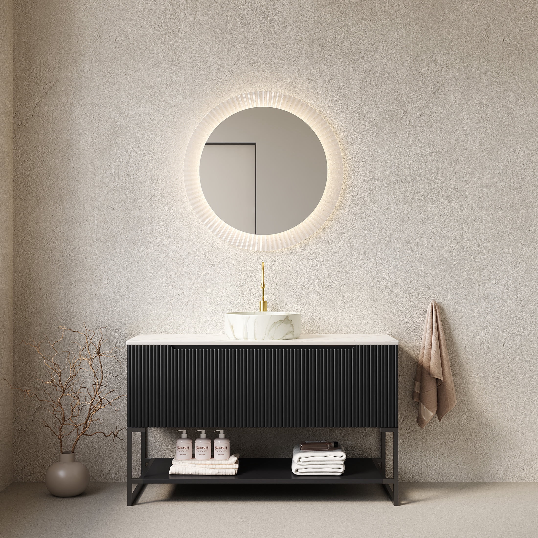 Noble House Tulio 48" Freestanding Bathroom Vanity with Sintered Stone Countertop, Stone Round Ceramic Basin, Black