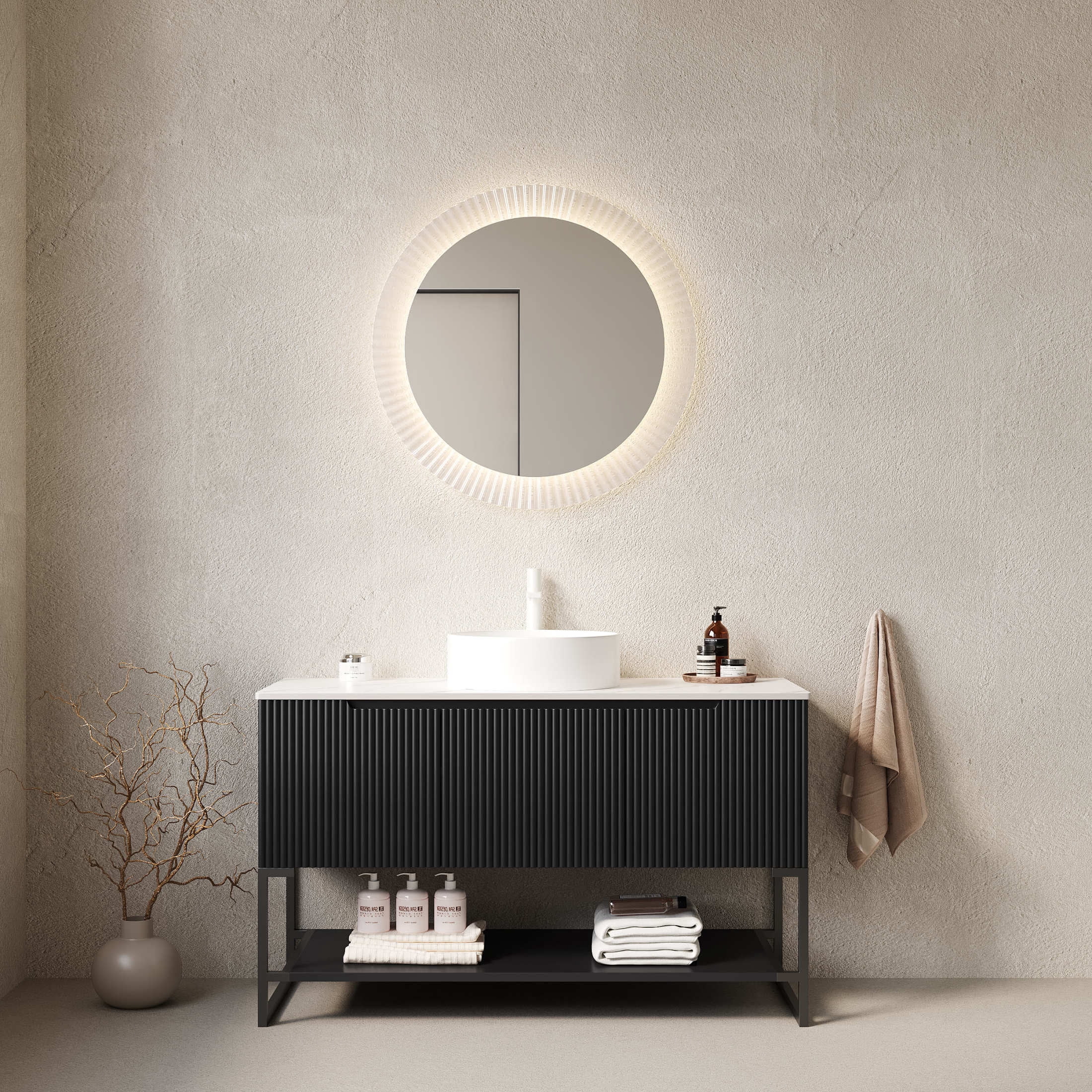Noble House Tulio 48" Freestanding Bathroom Vanity with Sintered Stone Countertop, White Round Ceramic Basin, Black