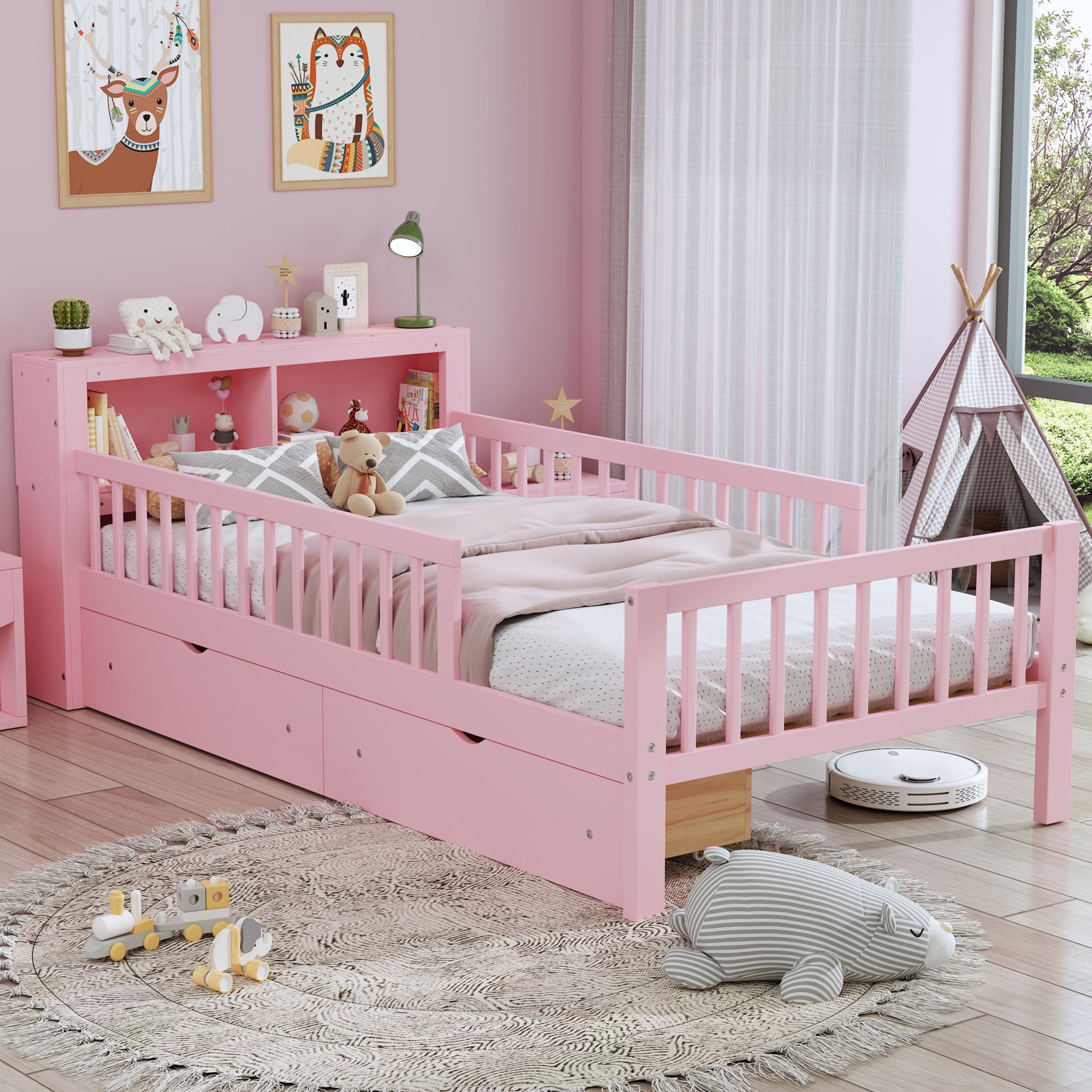 Noble House Twin Bed Frame with Headboard Storage Rack, 2 Drawers, and Safety Guardrails, Pink