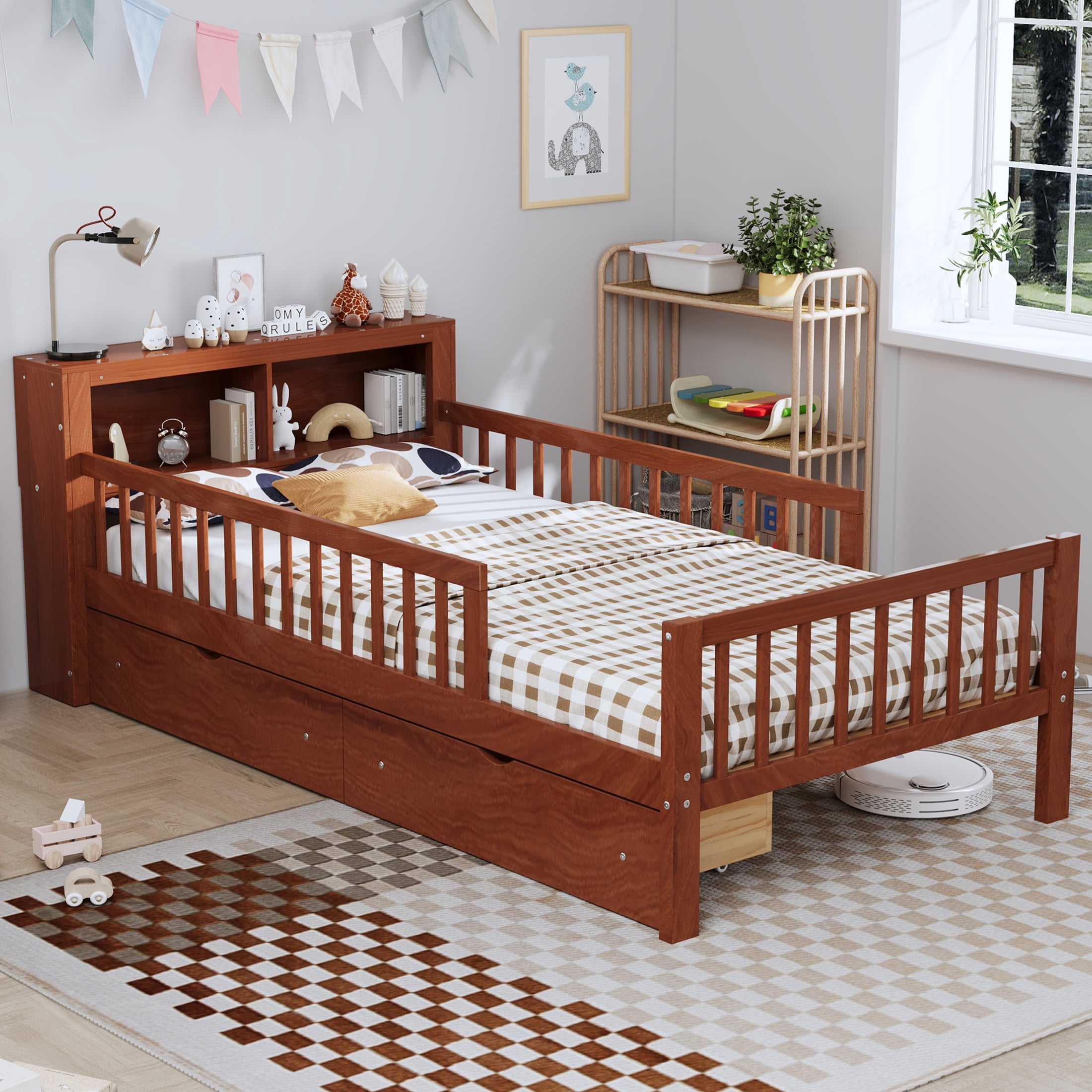 Noble House Twin Bed Frame with Headboard Storage Rack, 2 Drawers, and Safety Guardrails, Walnut