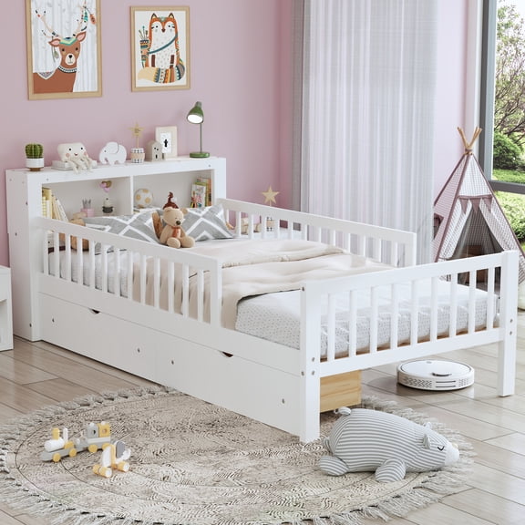 Noble House Twin Bed Frame with Headboard Storage Rack, 2 Drawers, and Safety Guardrails, White