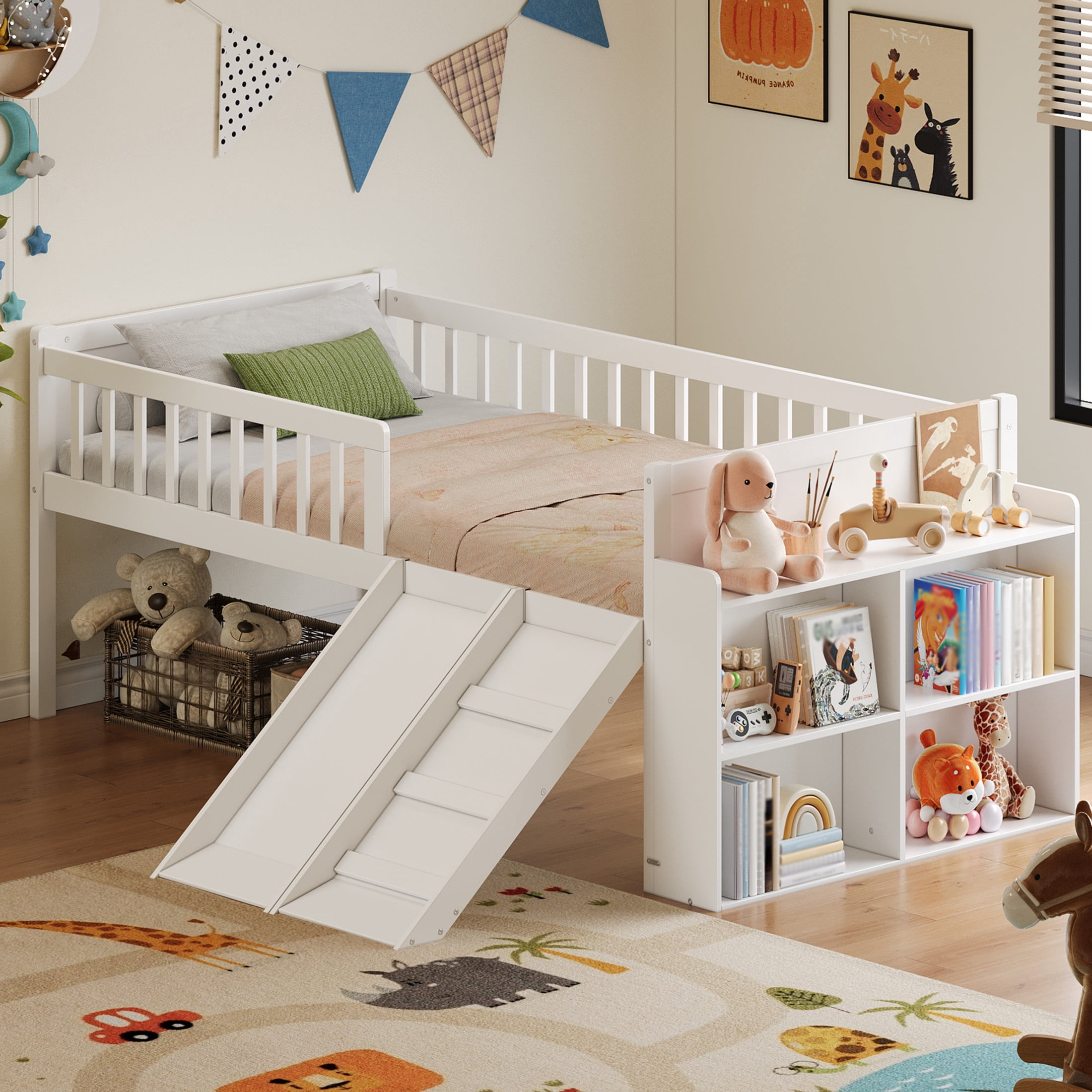 Noble House Twin Bed Frame with Storage Shelf, Platform Bed with Slide and Guardrail, White