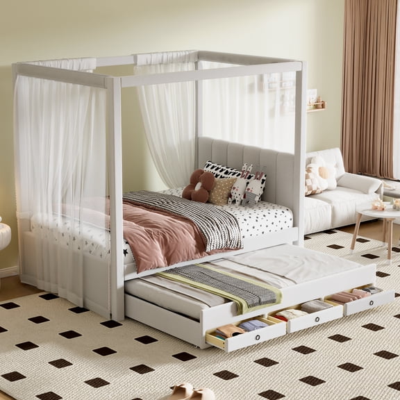 Noble House Twin Canopy Platform Bed, Linen Upholstered Frame with Trundle and Storage Drawers, Beige