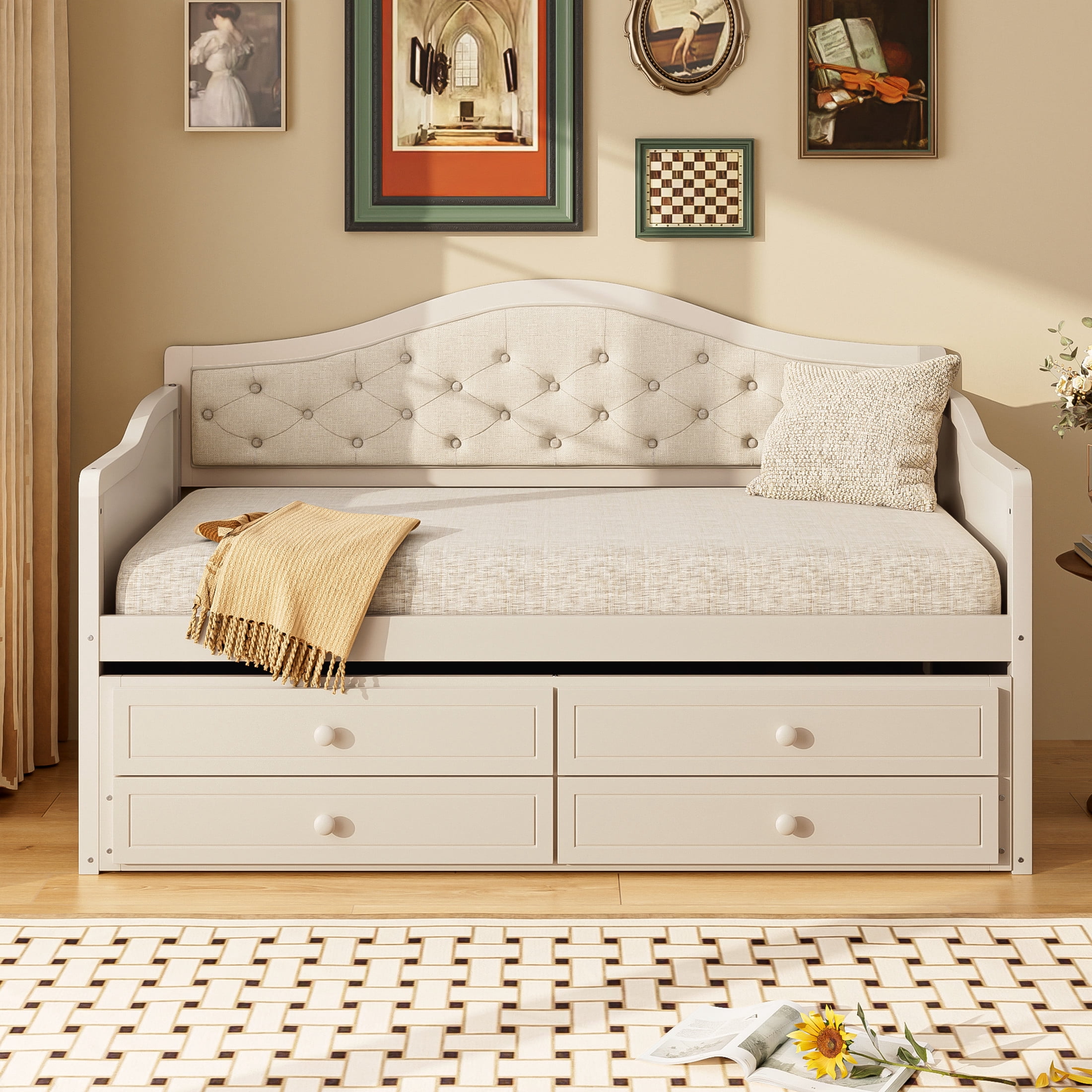 Noble House Twin Daybed with Trundle, 2 Storage Drawers, Upholstered Tufted Backrest, Beige
