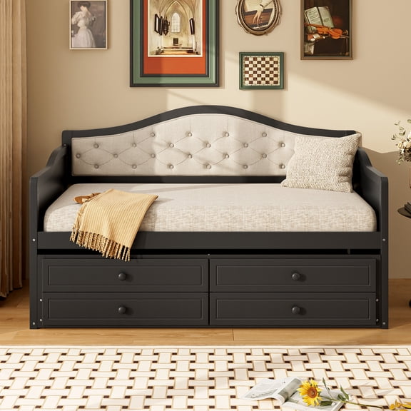 Noble House Twin Daybed with Trundle, 2 Storage Drawers, Upholstered Tufted Backrest, Black