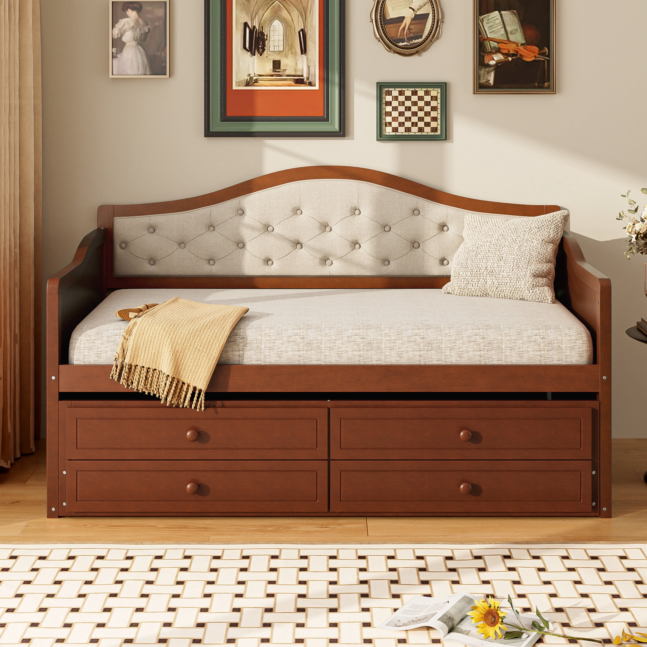 Noble House Twin Daybed with Trundle, 2 Storage Drawers, Upholstered Tufted Backrest, Walnut