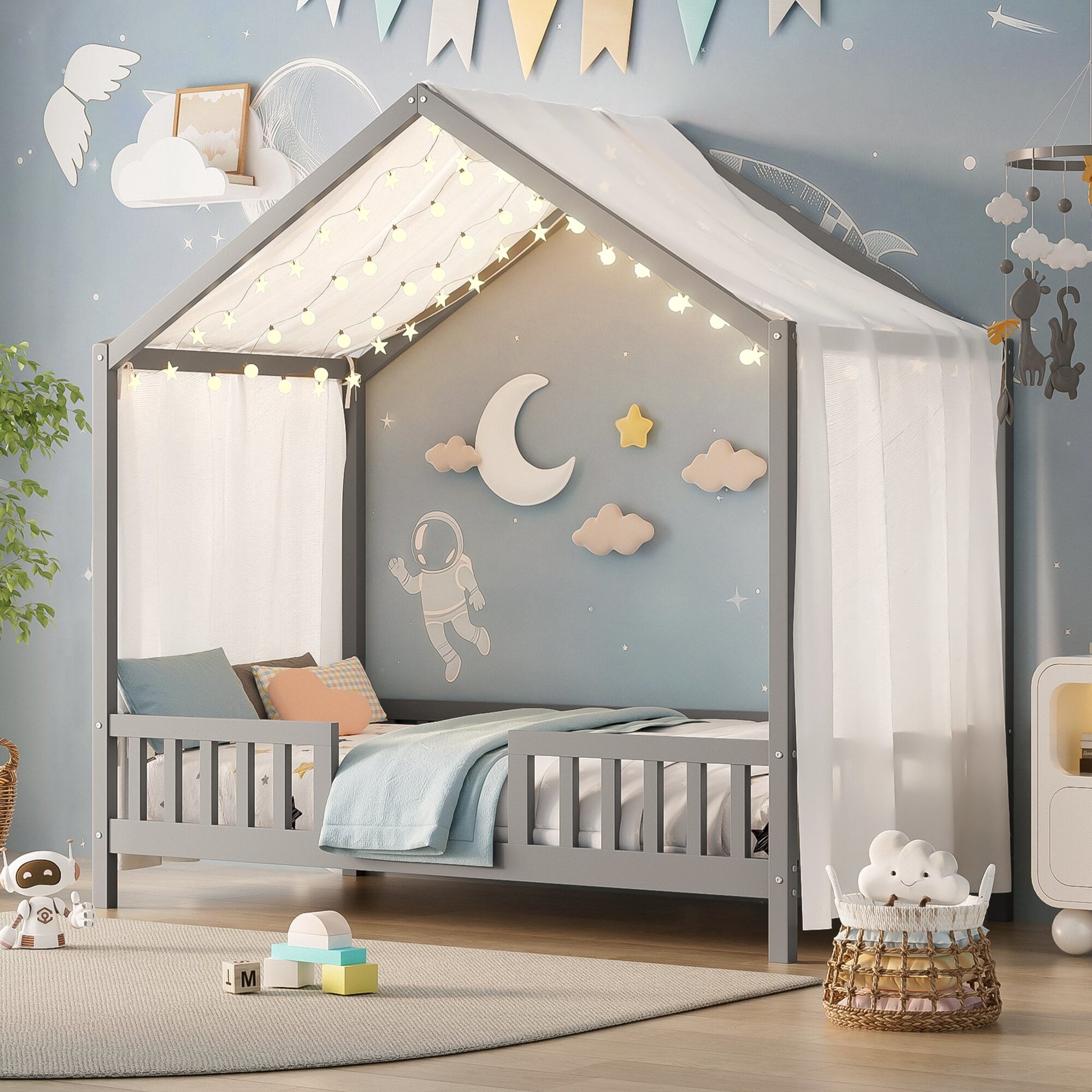 Noble House Twin Floor Bed with Canopy and Guardrails, Wood House Bed Frame for Kids, Gray