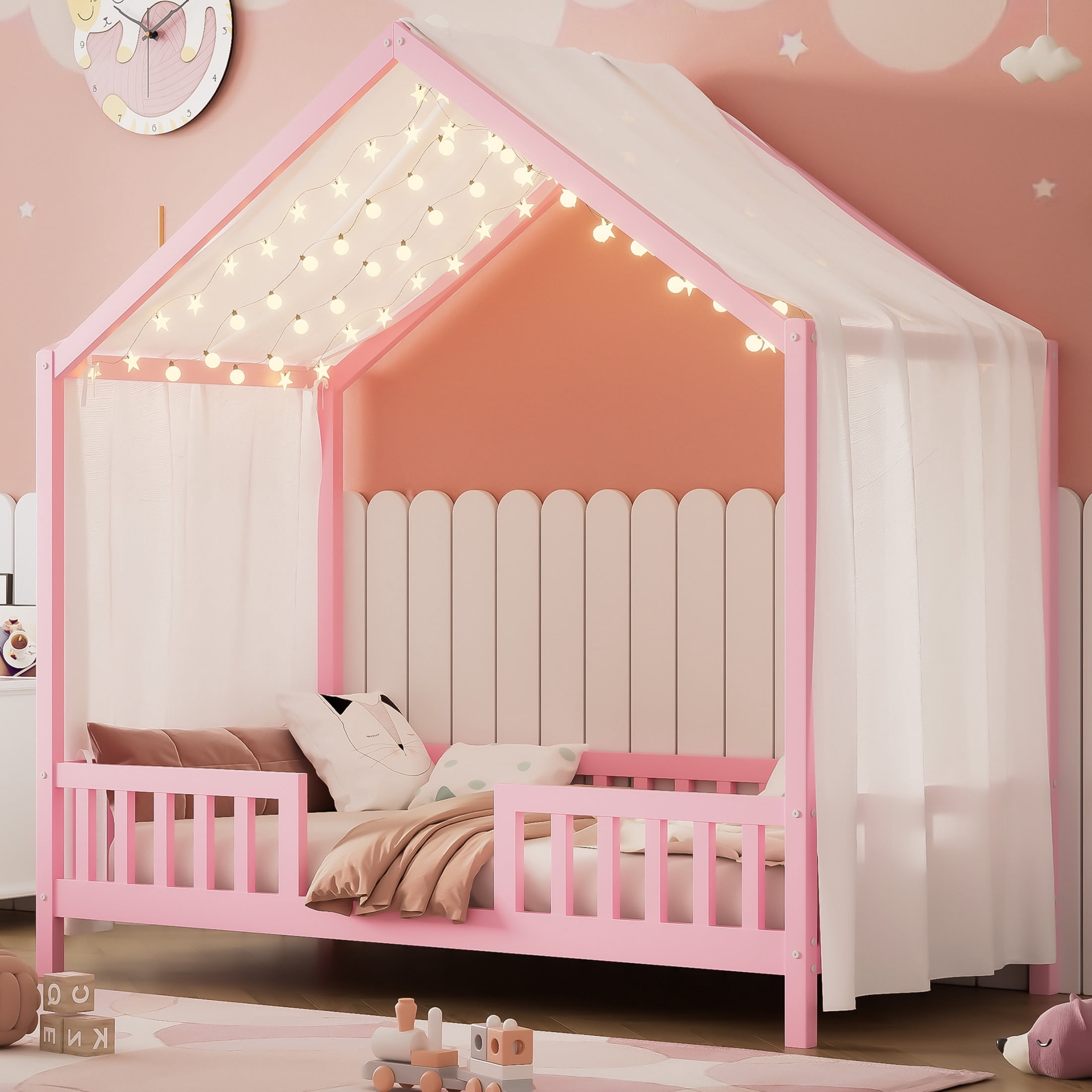 Noble House Twin Floor Bed with Canopy and Guardrails, Wood House Bed Frame for Kids, Pink