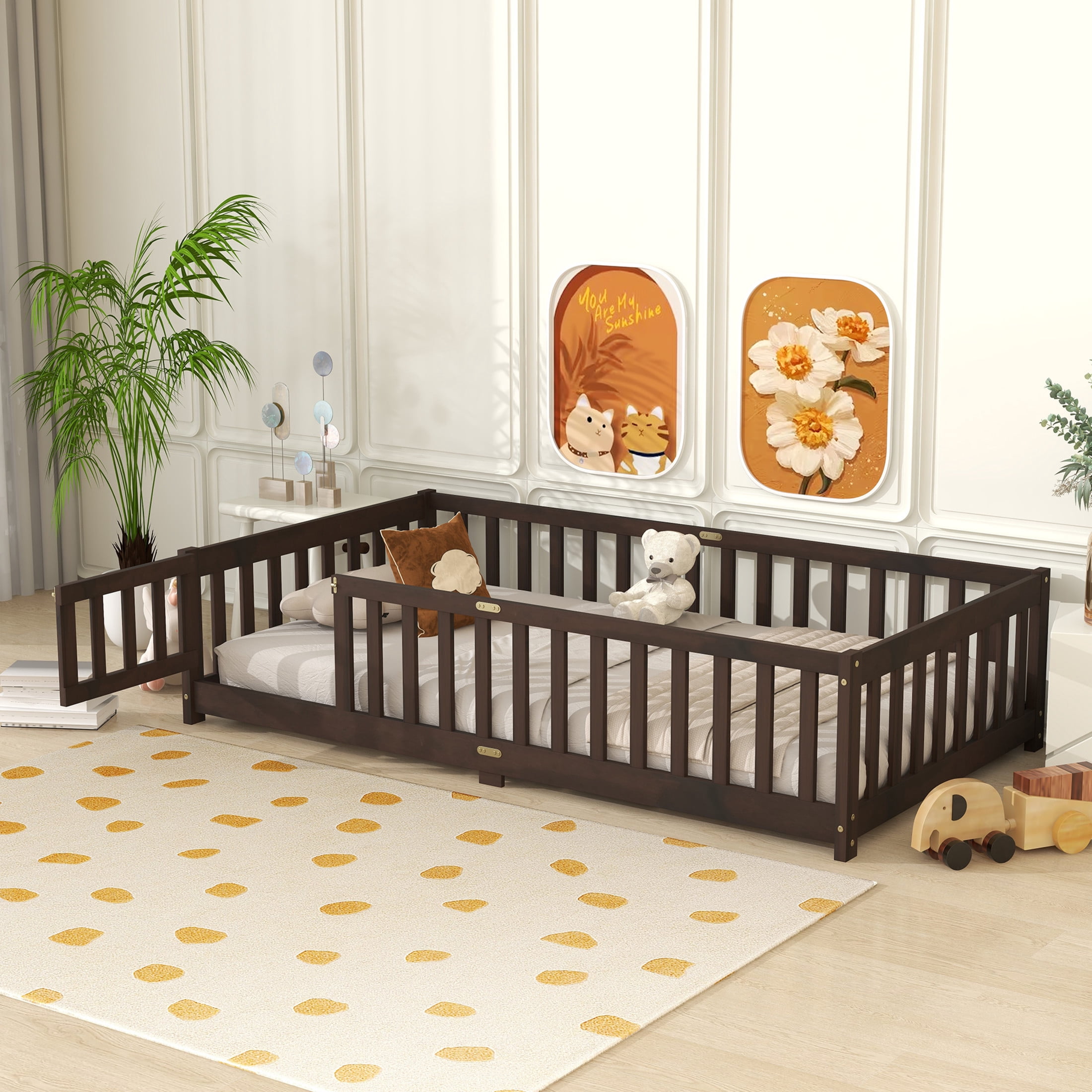 Noble House Twin Floor Bed with Safety Guardrails and Door, Rubber Wood Montessori Bed, Kid's Room, Espresso
