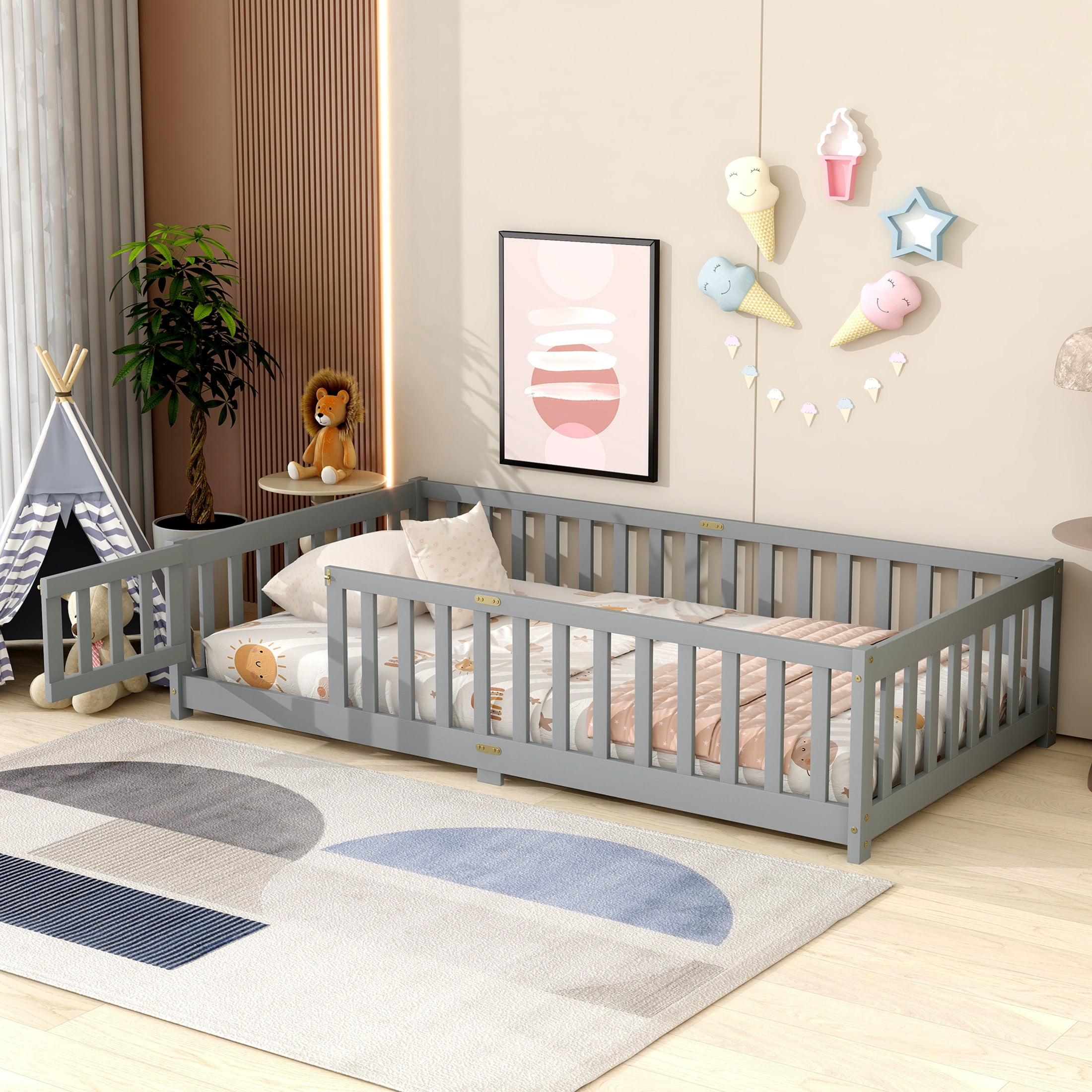 Noble House Twin Floor Bed with Safety Guardrails and Door, Rubber Wood Montessori Bed, Kid's Room, Gray