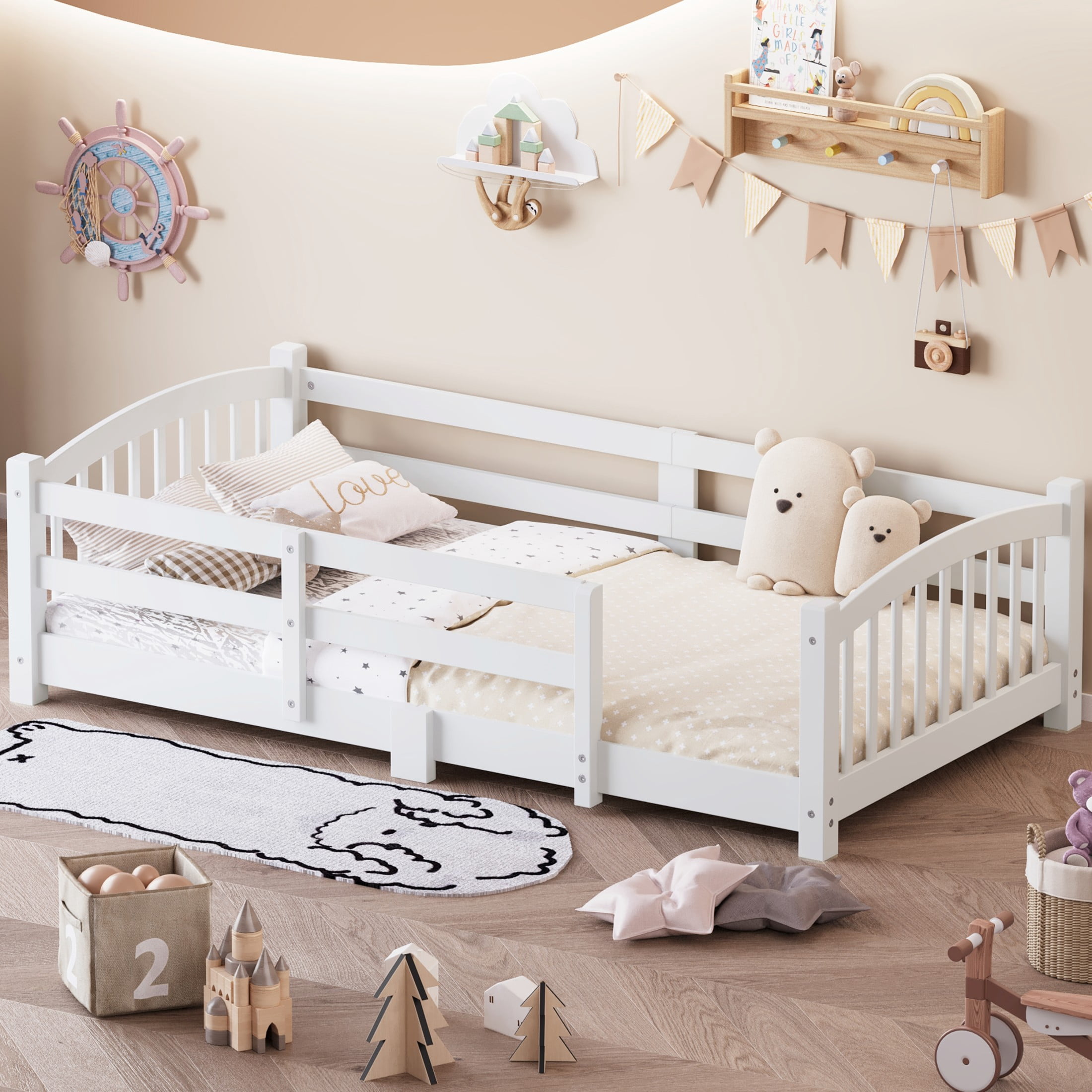 Noble House Twin Floor Bed with Slats, Safety Guardrails, Solid Wood Frame, White
