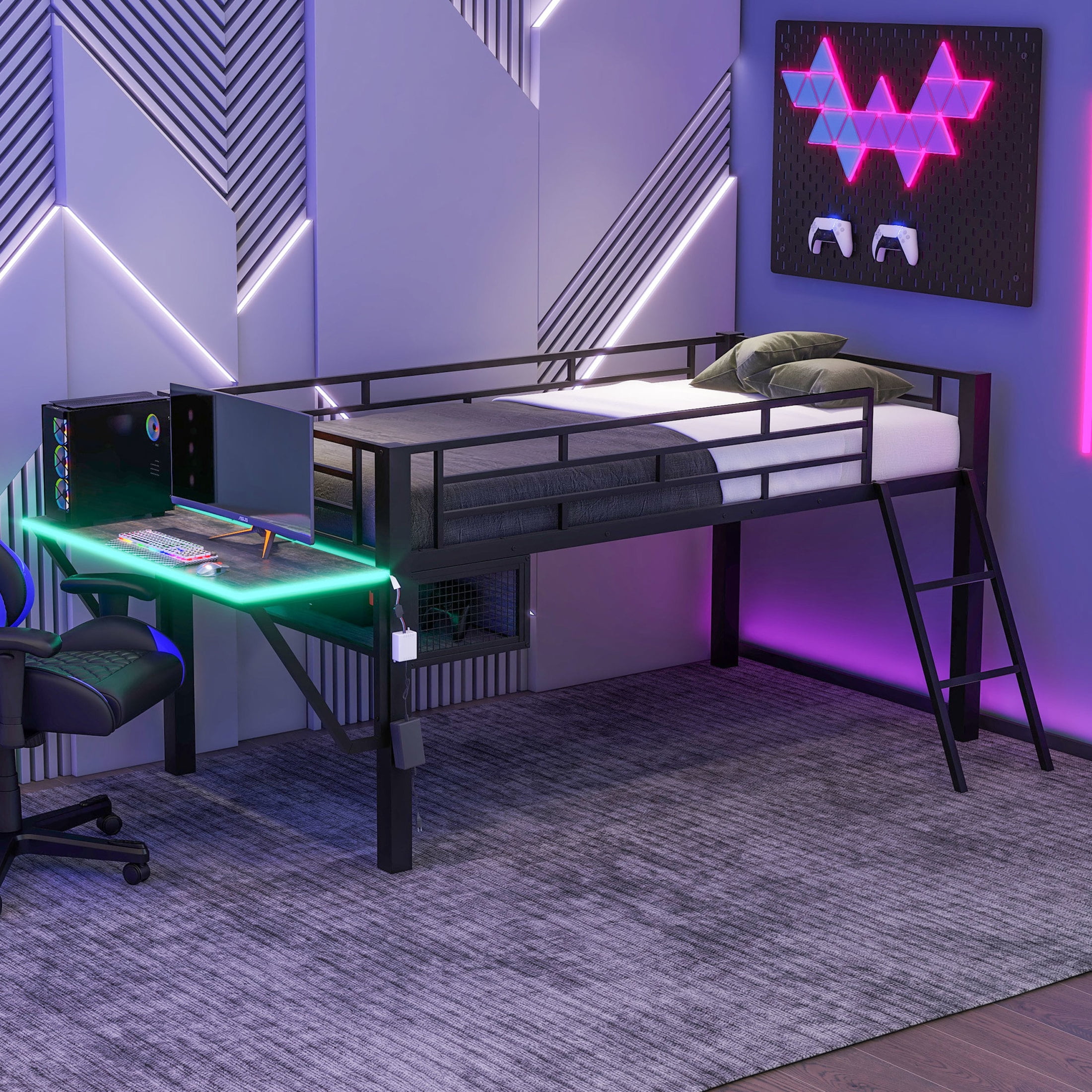 Noble House Twin Gaming Mid Loft Bed, Metal Frame with Desk and Customizable LED Lights, eSport-Inspired, Black