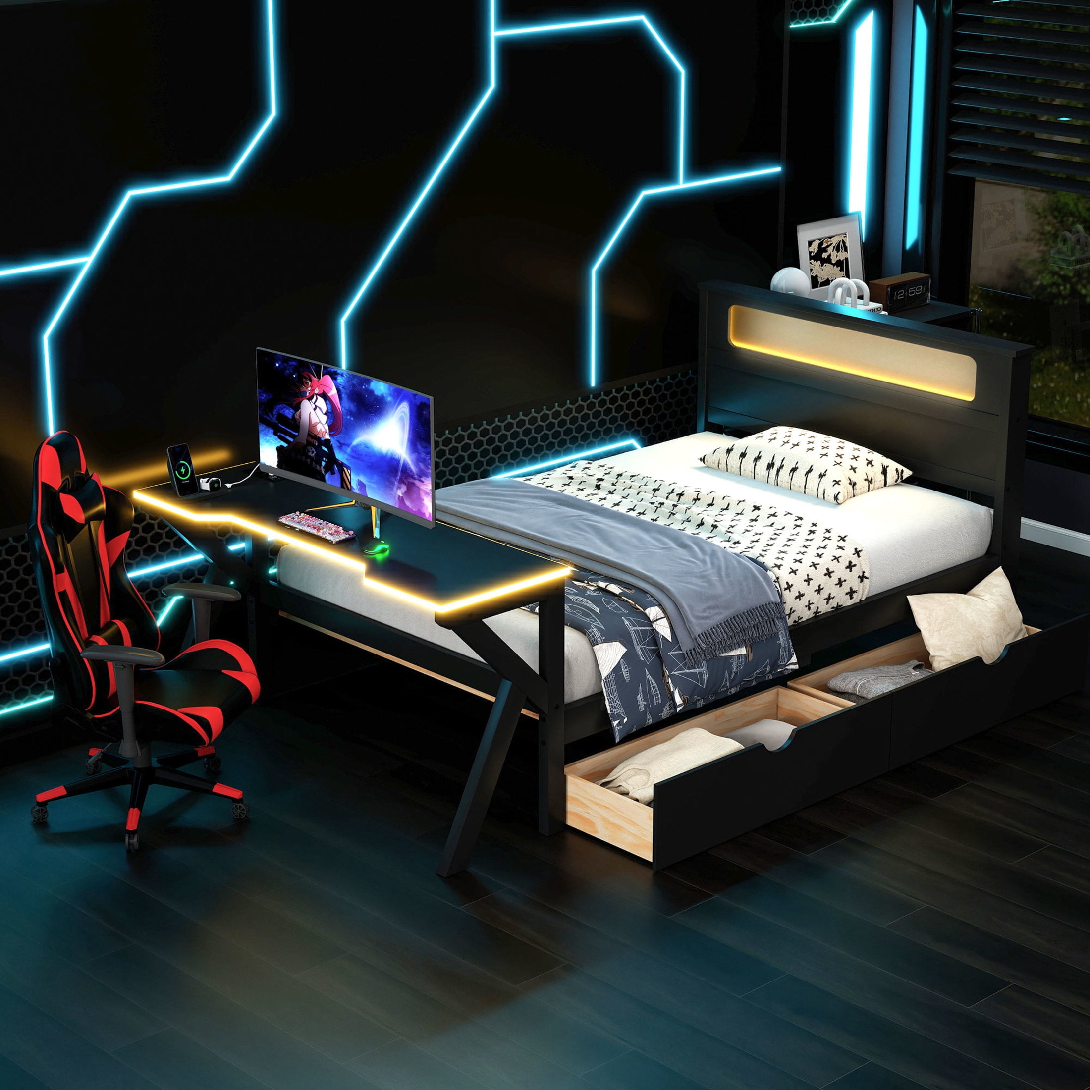 Noble House Twin Gaming Platform Bed, LED Headboard, and Built-in Desk with USB Charging and Storage Drawers, Black