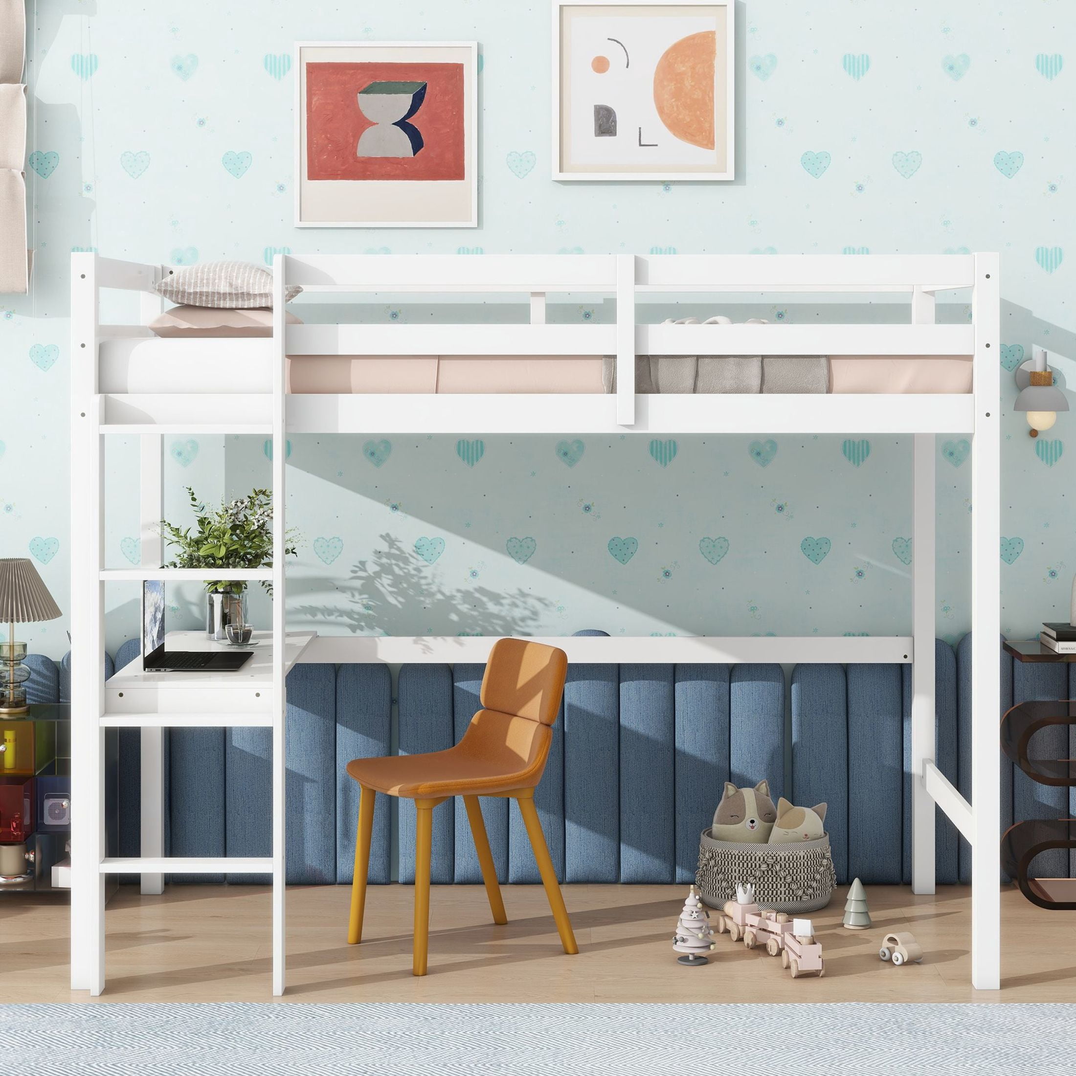 Noble House Twin High Loft Bed, Rubber Wood Frame with Safety Guardrails, Built-In Desk and Ladder, White