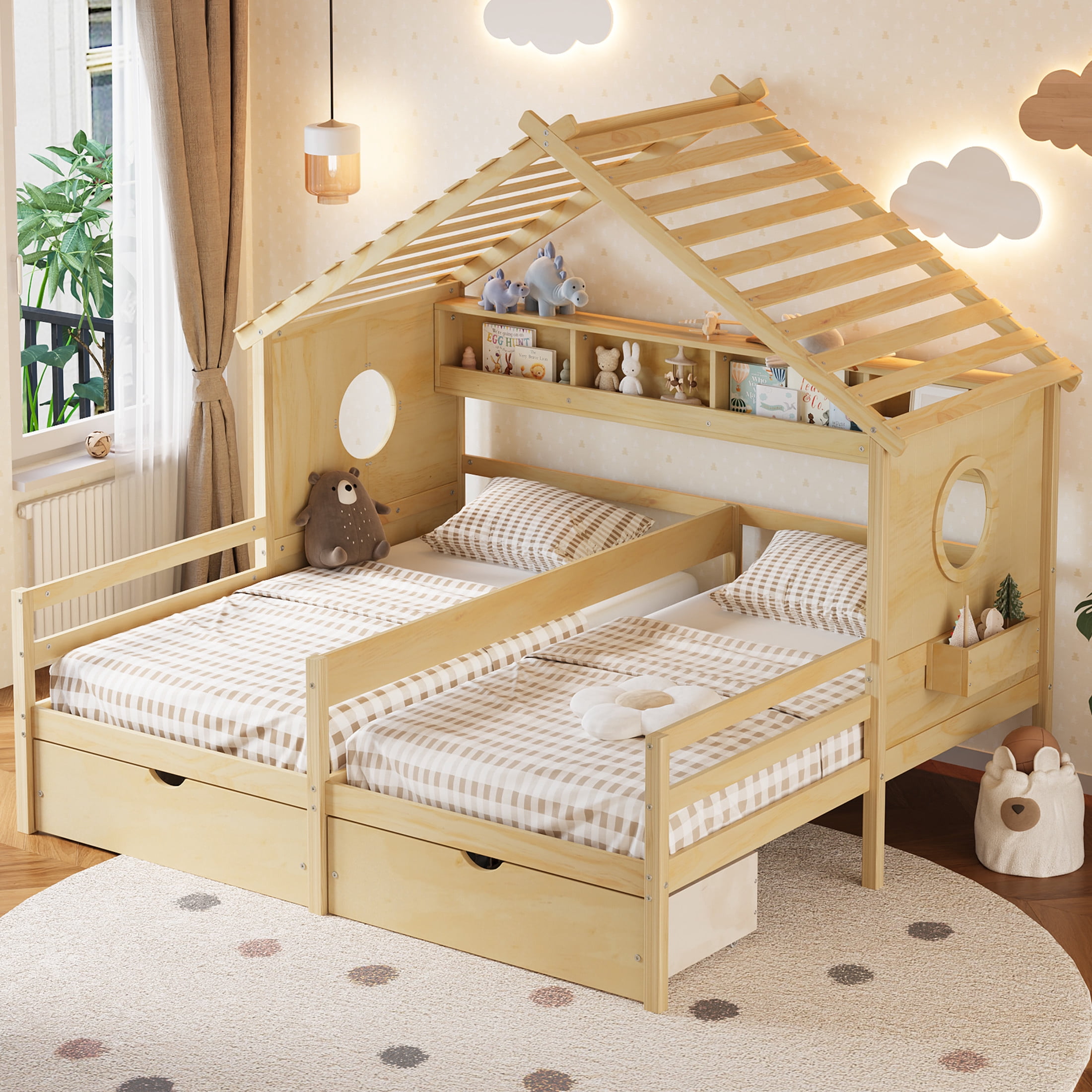 Noble House Twin Kids House Bed with Two Side-by-Side Beds, Bookcase and Under-Bed Drawers, Natural