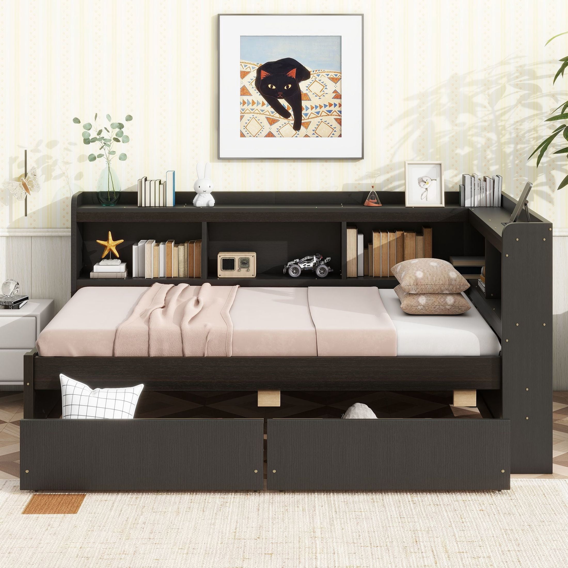 Noble House Twin L-Shaped Bookcase Bed, Pine Wood Frame with Power Outlets, Storage Drawers & Headboard Shelves, Espresso