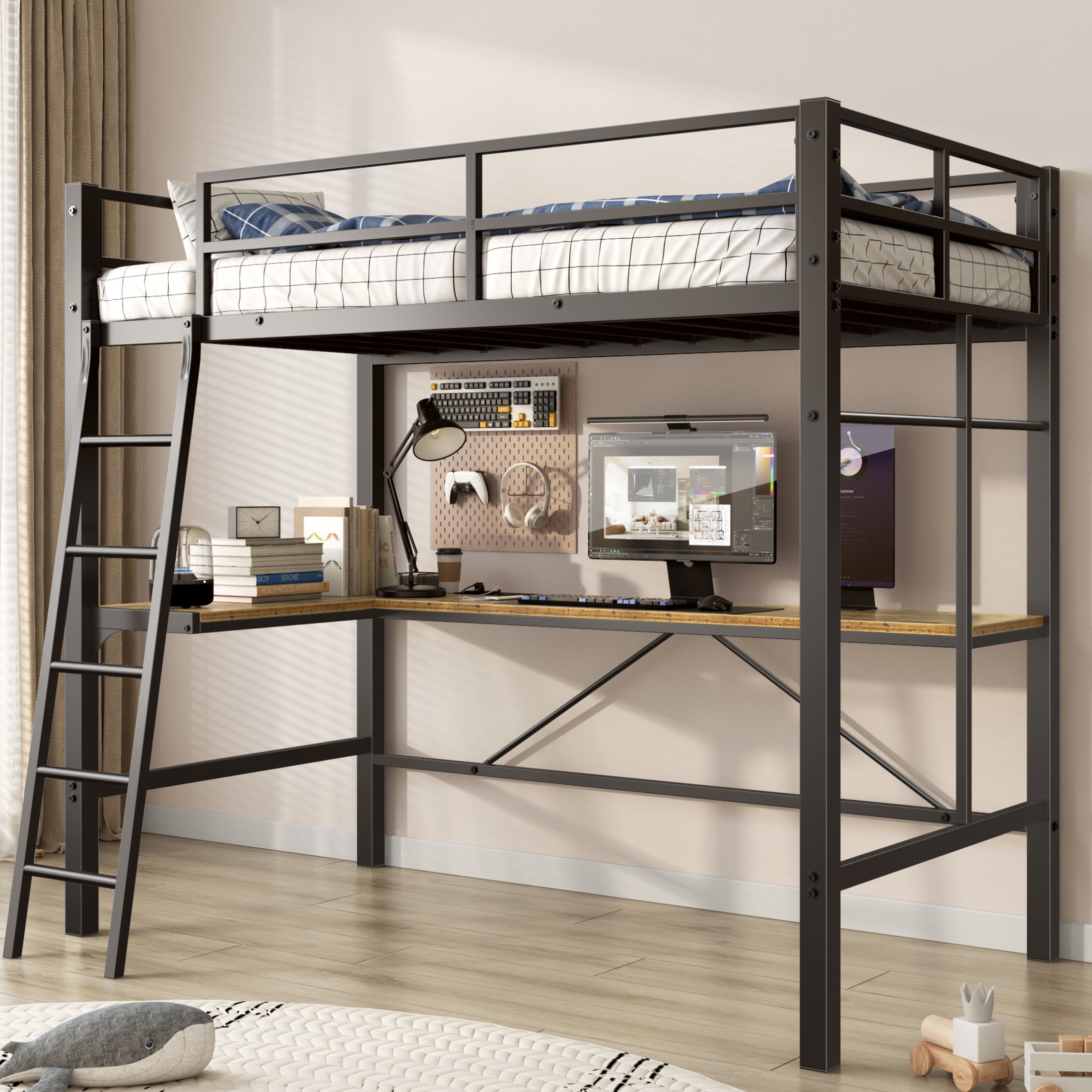 Noble House Twin Metal Loft Bed with L-Shaped Desk & Charging Station, Safety Guardrails, for Kids Room, Black