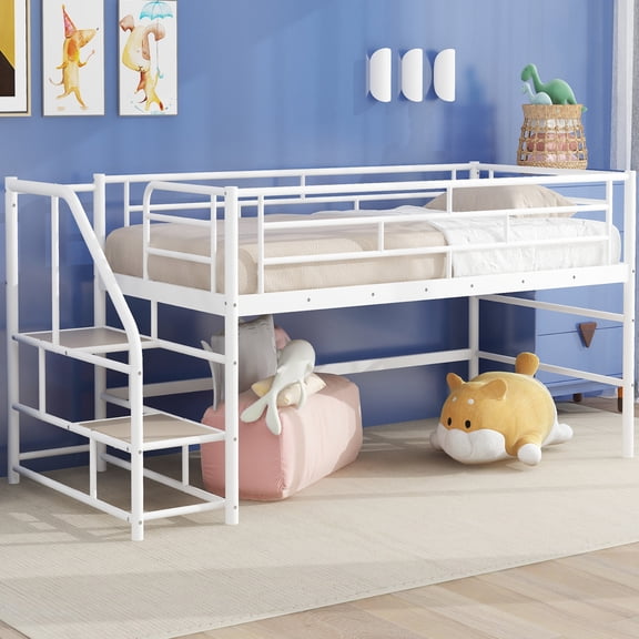 Noble House Twin Mid Loft Bed, Metal Frame with Wooden Accent, Storage Stairs and Low Profile Safety, White