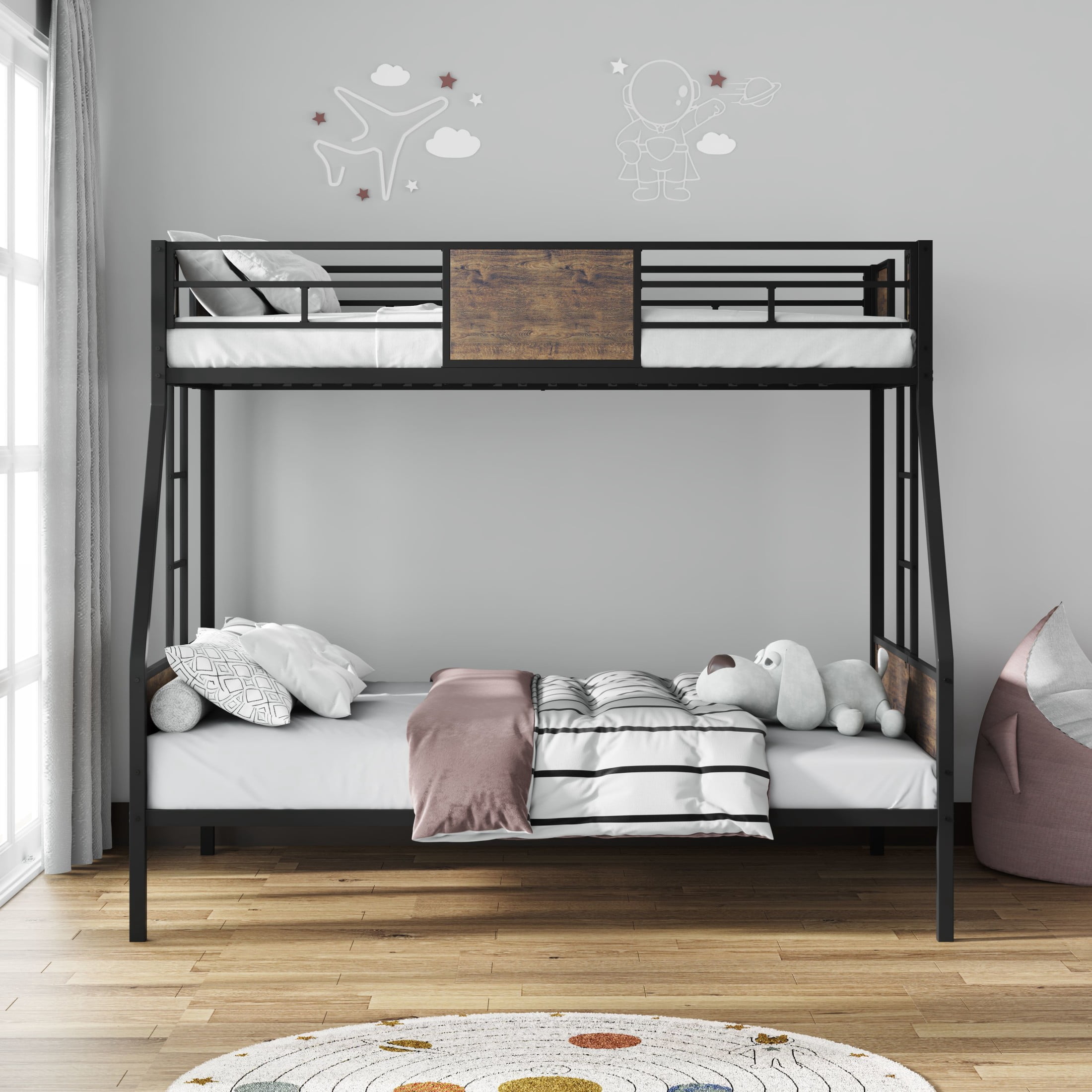 Noble House Twin Over Full Metal Bunk Bed Frame, Safety Guardrails & Built-In Ladders, Protective Board Supports, Black