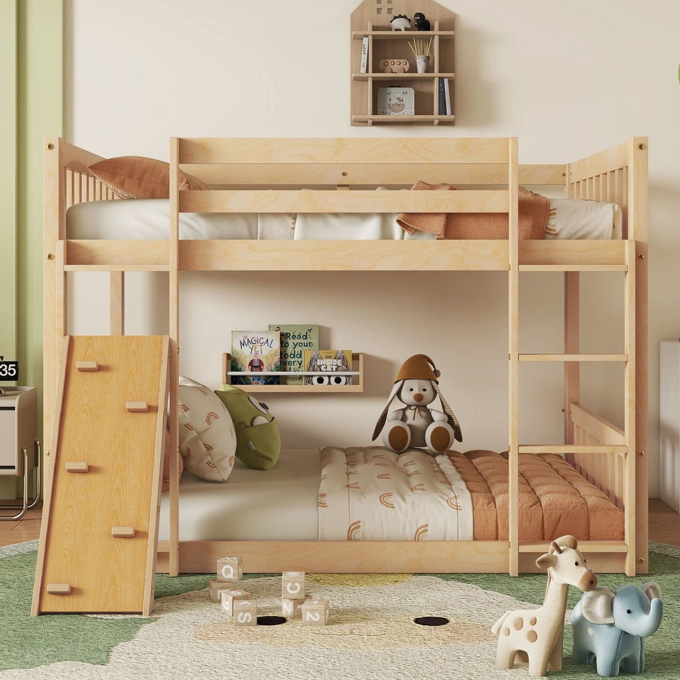 Noble House Twin Over Twin Bunk Bed, Pine Wood Frame with Climbing Ramp, Dual Ladders & Playhouse Design, Natural