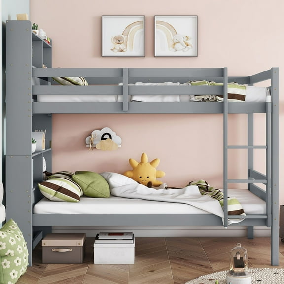 Noble House Twin Over Twin Bunk Bed, Rubber Wood Frame with Shelves Headboard & Detachable Design, Grey