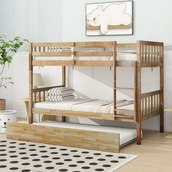 Noble House Twin Over Twin Bunk Bed with Trundle, Rubber Wood Frame with Ladder and Guardrails, Convertible, Natural