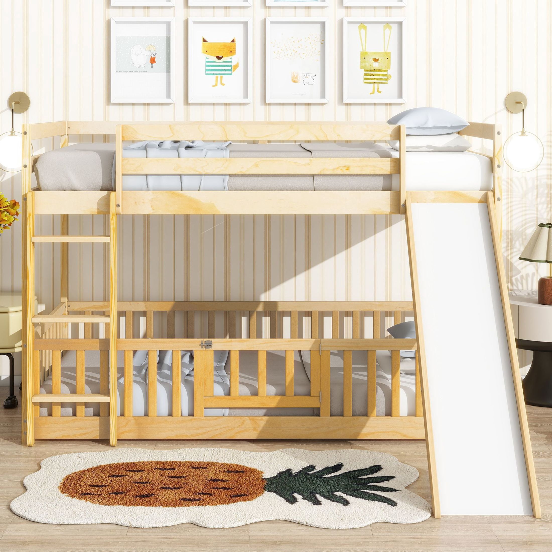 Noble House Twin Over Twin Floor Bunk Bed, Solid Pine Wood Frame with Slide, Convertible Ladder & Guardrails, Natural