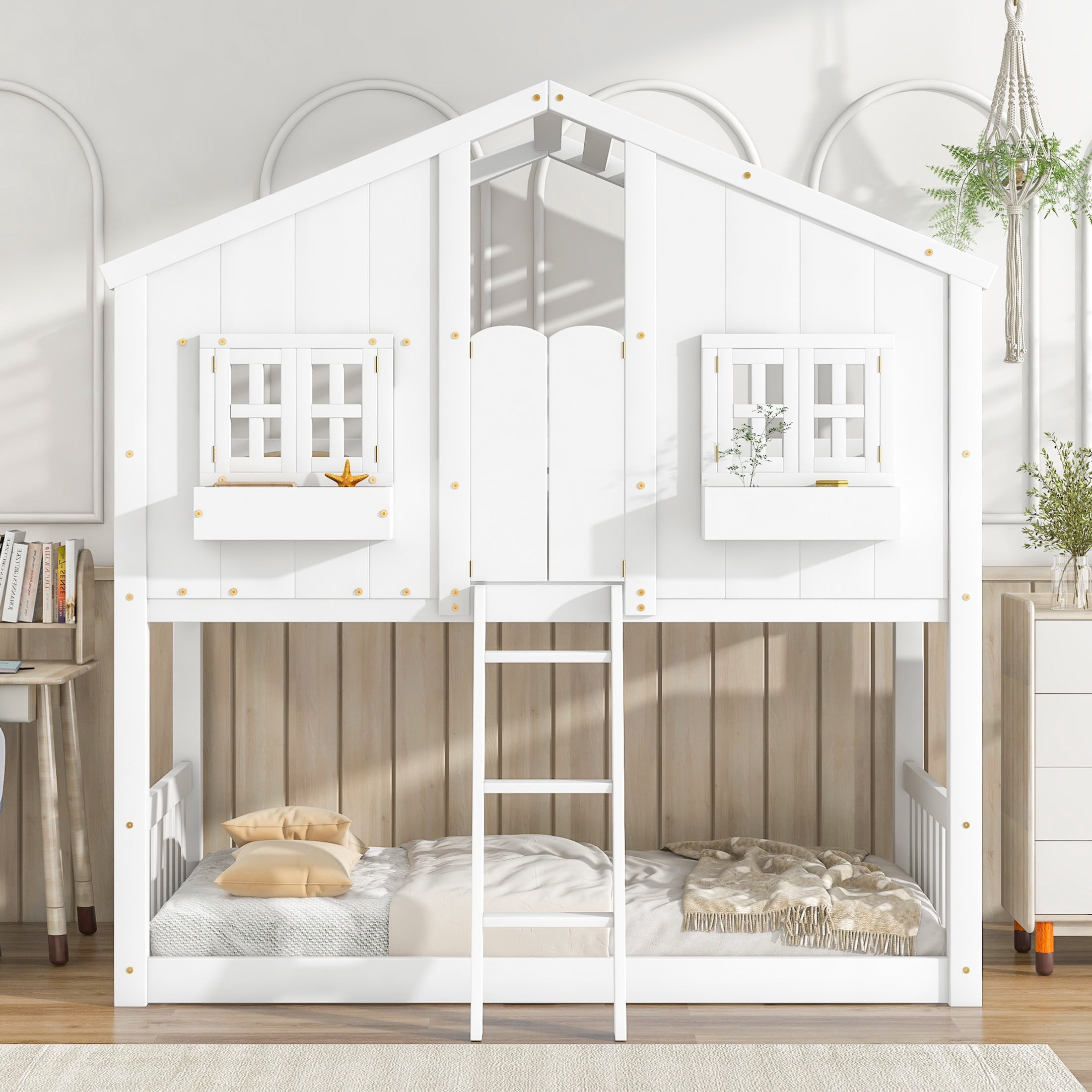 Noble House Twin Over Twin House Bunk Bed, Pine Wood Frame with Safety Guardrails and Ladder, White