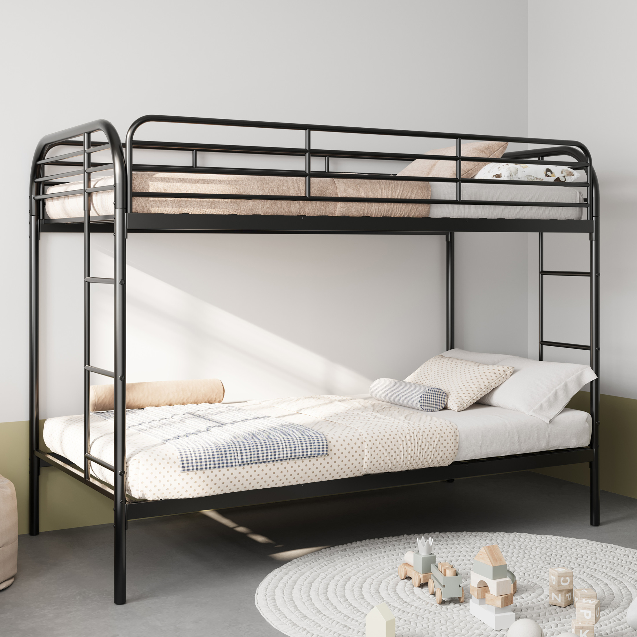 Noble House Twin Over Twin Metal Bunk Bed, Dual Ladders & Full-Length Guardrails, Low Profile, Space-Saving, Black