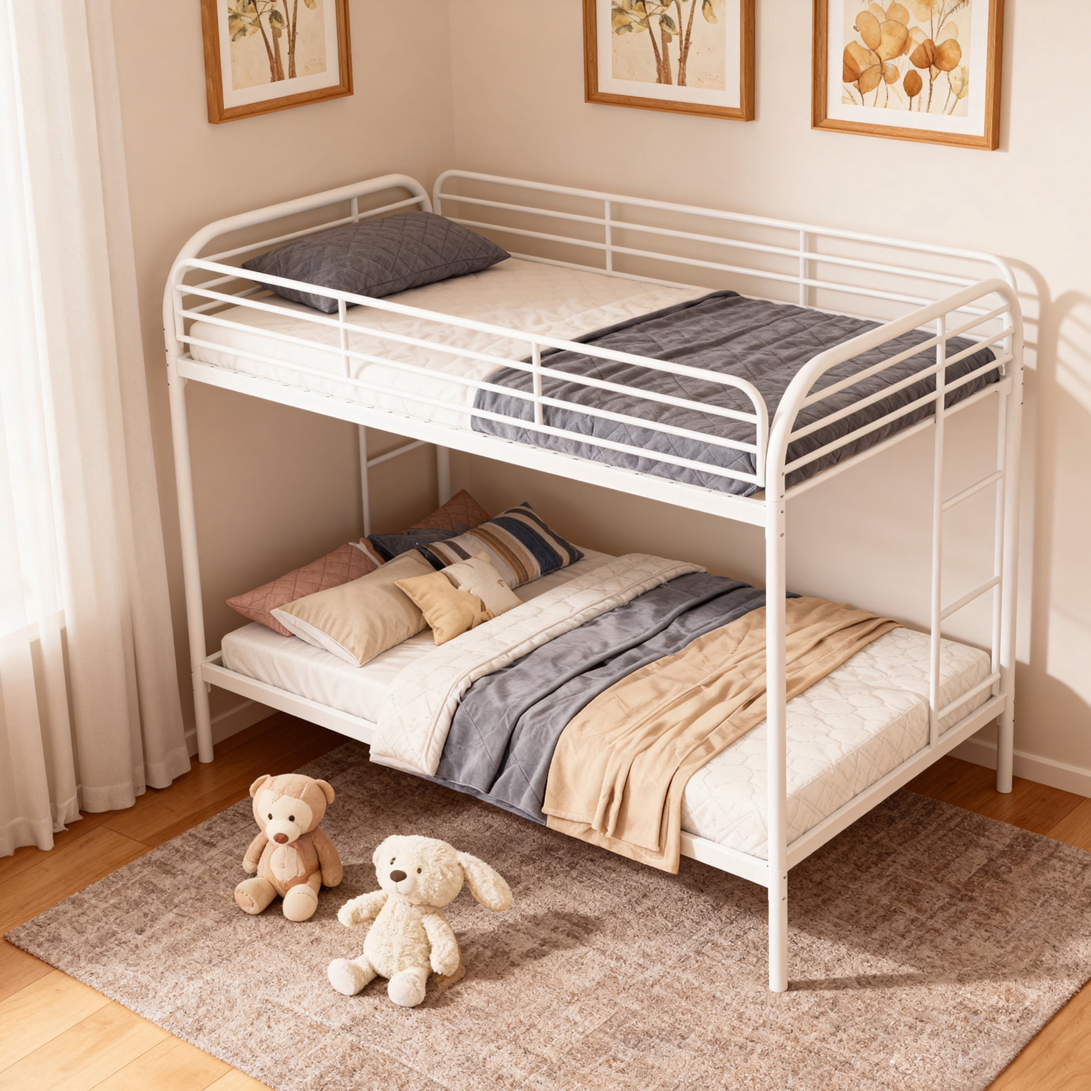 Noble House Twin Over Twin Metal Bunk Bed, Dual Ladders & Full-Length Guardrails, Low Profile, Space-Saving, White