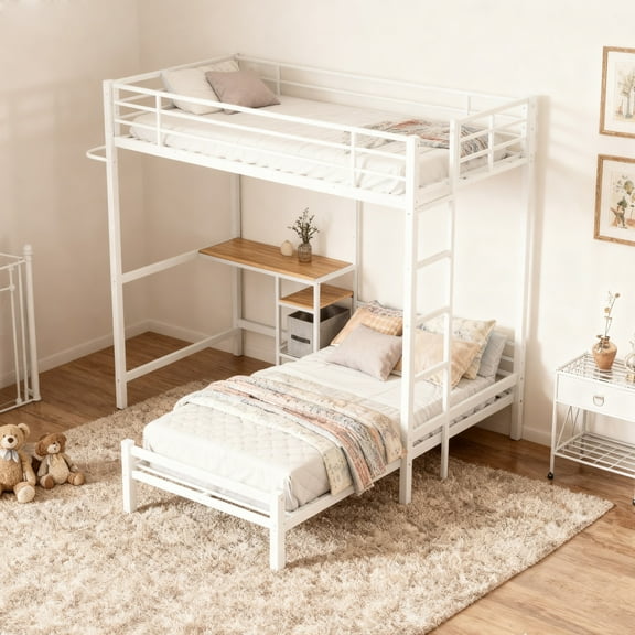 Noble House Twin Over Twin Metal Bunk Bed with Desk, Shelves & Drawers, L-Shaped Design, Safety Rails for Teen, White